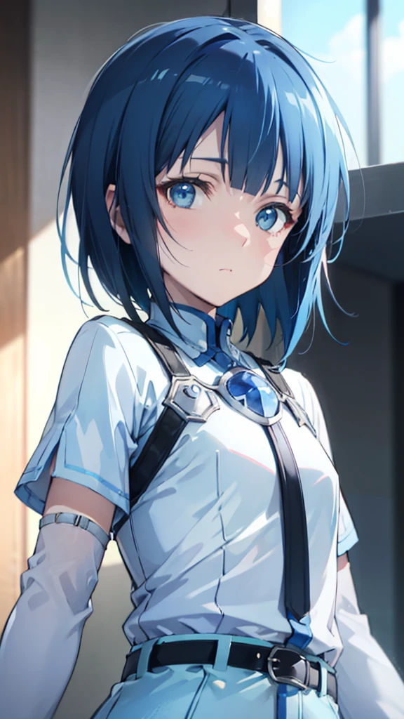 blue hair, short hair, anime, masterpiece, retina, textured skin, high details, high quality, best quality, highres, HD, 16k, 1080P、ソードアート・オンライン　サチ、flat chestぱっつん, 