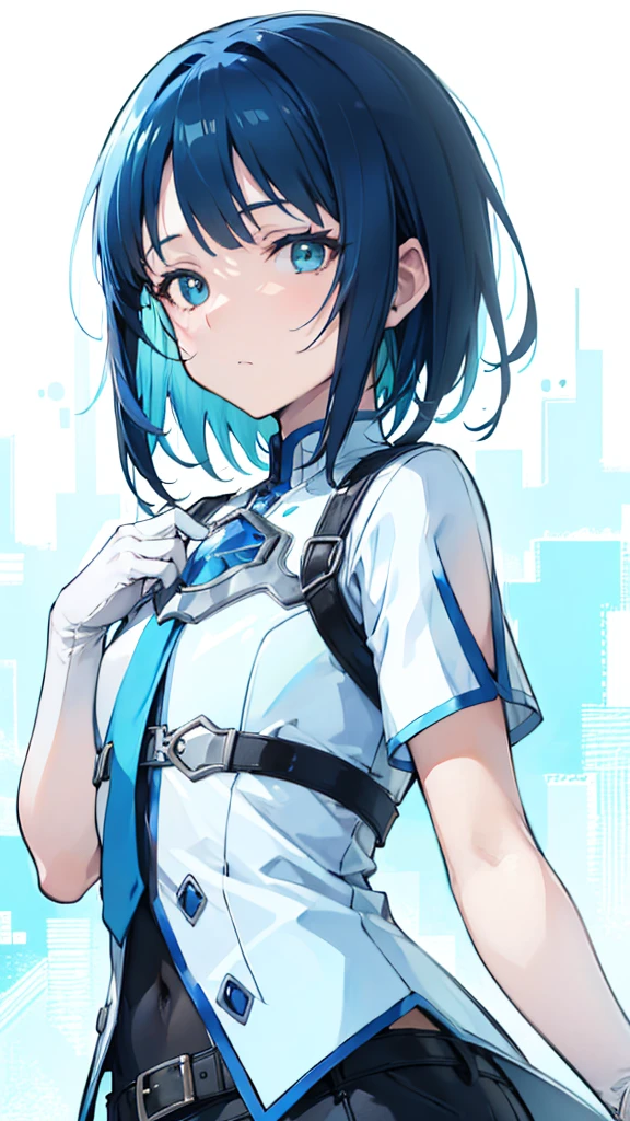 blue hair, short hair, anime, masterpiece, retina, textured skin, high details, high quality, best quality, highres, HD, 16k, 1080P、ソードアート・オンライン　サチ、flat chestぱっつん, 