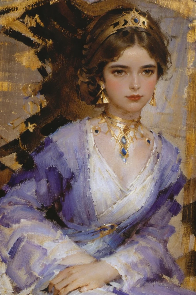 A woman in realistic portrait of high quality and detail, She standing in the desert, egyptian desert on background, Dunyarzad (Genshin Impact), Dunyarzad has a light blue dress and a purple top with gold accents. She has brown eyes and brunette hair that she wears in a braided low bun. She has a gold lazurite crown, a gold lazurite necklace and gold earrings. She also has bandages around her arms and brown leather sandals. blue sky, white cloud, looking at viewer, Works inspired by Friedrich von Amerling, Inspired by Thomas Lawrence, Inspired by Franz Xaver Winterhalter, Nick Alm, oil painting style, realistic woman oil painting, elegant portrait, beautiful portrait of a woman, Inspired by Casey Baugh, elegant digital paintings, Inspired by Howard Chandler Christie, cool beauty, perfect tall model body, best quality, perfect angle, perfect composition, best shot, official art, cinematic light, supreme work of art, (ultra-high detail:1.2), Masterpiece, Best Quality, Ultra-detailed, Cinematic lighting, 8K, delicate features, cinematic, 35 mm lens, f/1.9, highlight lighting, global lighting –uplight –v 4, cinematic, intense gaze, Cinematic lighting, 8K, high quality, Highest Quality, (Solo Focus), (extremly intricate:1.3), (Realistic), dramatic, masterful, Analog style, (Film grain:1.5), (warm hue, cold tone)