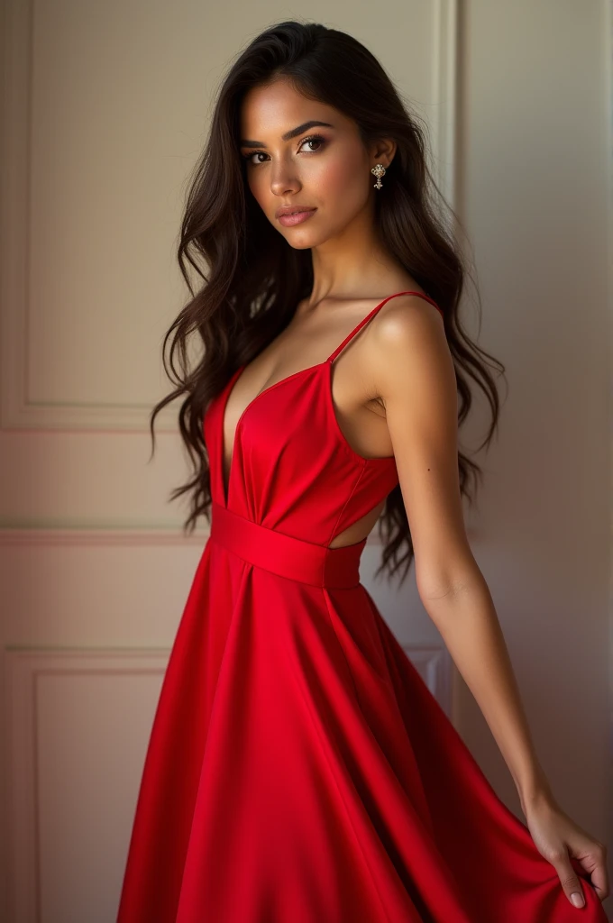 Cute beautiful sexy European light-green-eyed brunette, 22 years old in elegant red dress