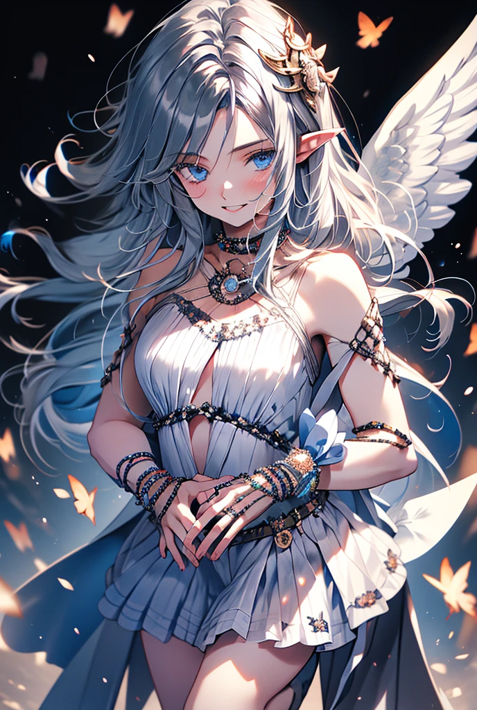  high resolution on down, Long Hair, smile,  blue eyes, Black Hair, とてもLong Hair,  accessories with gray hair, Best Quality, masterpiece,  details, 高い details, Pointy Ears,  Ring of Angels , 