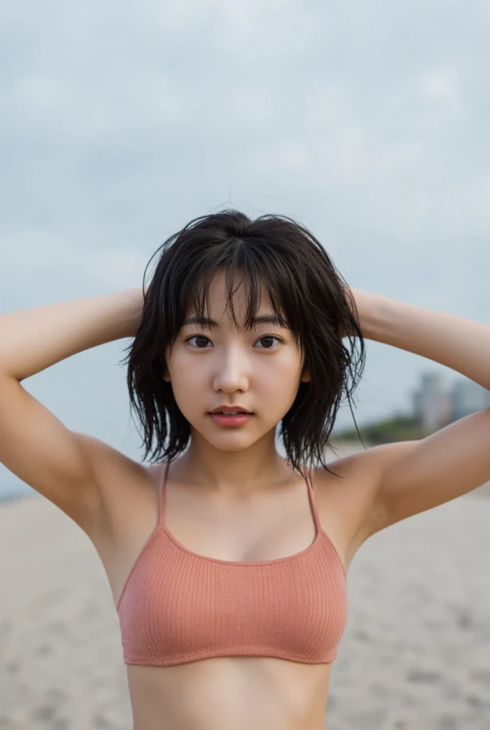 （8k、 live action 、 RAW Photos、Best Quality、masterpiece：1.2),(summer, At the Beach,Front lighting:1.2),(( full light)),( wet hair),smile,(Arms raised pose:1.4), strong,( Erotic ),18 years old,student, white skin,knees,Small face, bangs from the middle、 forehead visible , skinny, skinny)、masterpiece,Best Quality、 Ultra High Definition ,One person, One personで, closeup shot、cute、(((Completely naked)))、(( light pink nipples))、 flat chest、 upper body、smile、