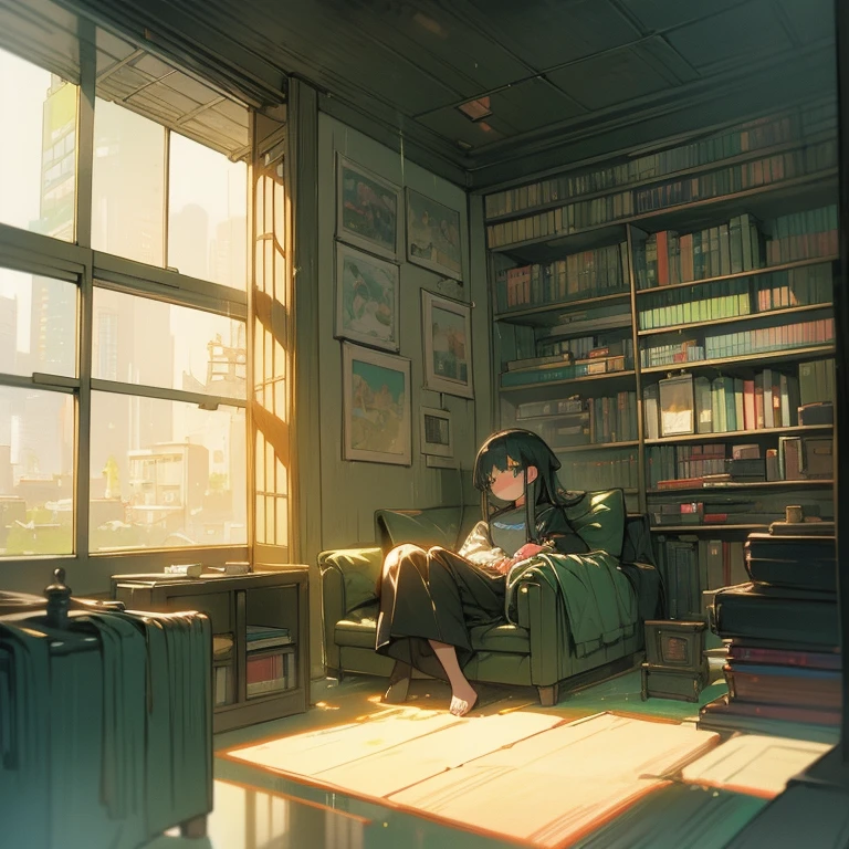 (masterpiece),(illustration with very saturated pulp color), (vintage worn paper edges), (full shot view of the image), a very young girl with an innocent face in a bikini sitting in an armchair, in the background a futuristic city, orange afternoon light, wet floor reflecting, dirt, garbage on the floor, stacked boxes, metal shelves full of things, pipes in the walls