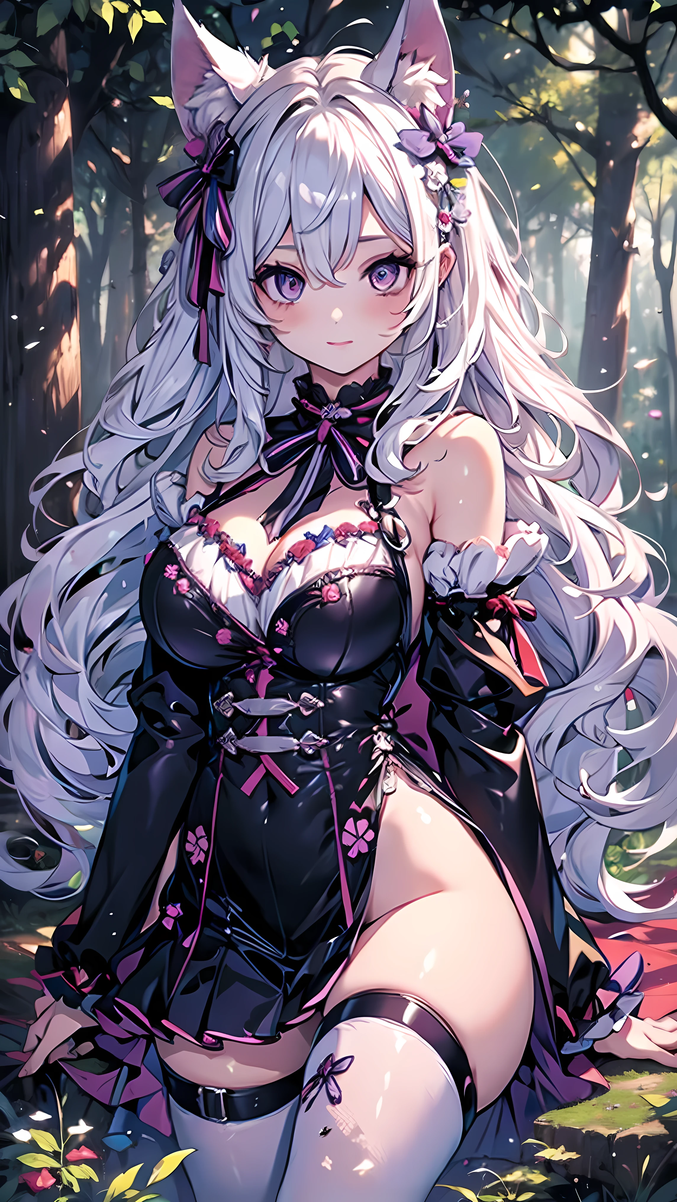 (masterpiece)、(Best Quality)、 highly detailed face,Long Hair, silver hair, purple  ,Big Breasts,nsfw,Forest Background,first round,8k,Immorality,Young Girl,Dog ears