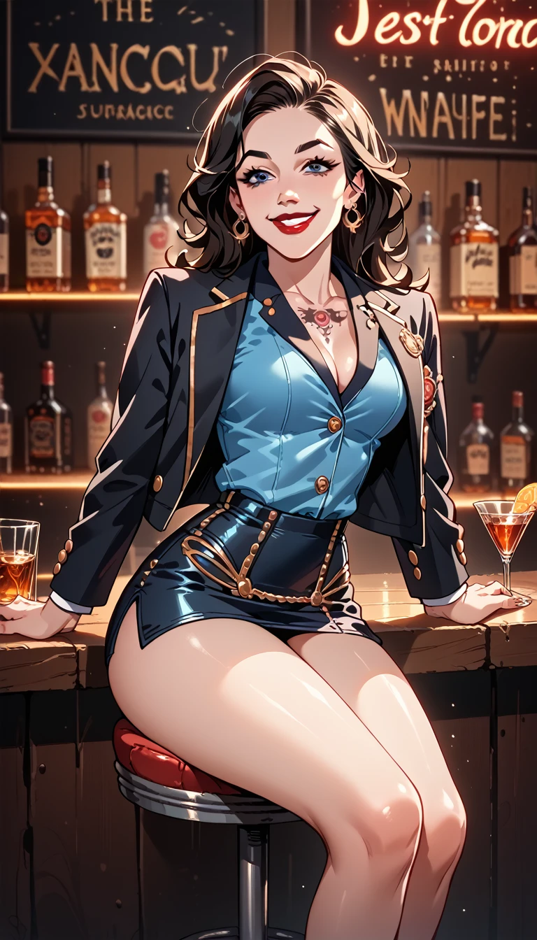  Beauty Woman Beyond the World, Mafia boss , evil smile,  long wavy black hair ,  sitting on the bar couch , open arms, blue eyes, tattoo , red lips, (((black blazer, mini skirt branca, blue top)), thick thighs ,shiny skin,  Dark Style Whiskey Bar Background, neon azul,  of the highest quality  , best details
