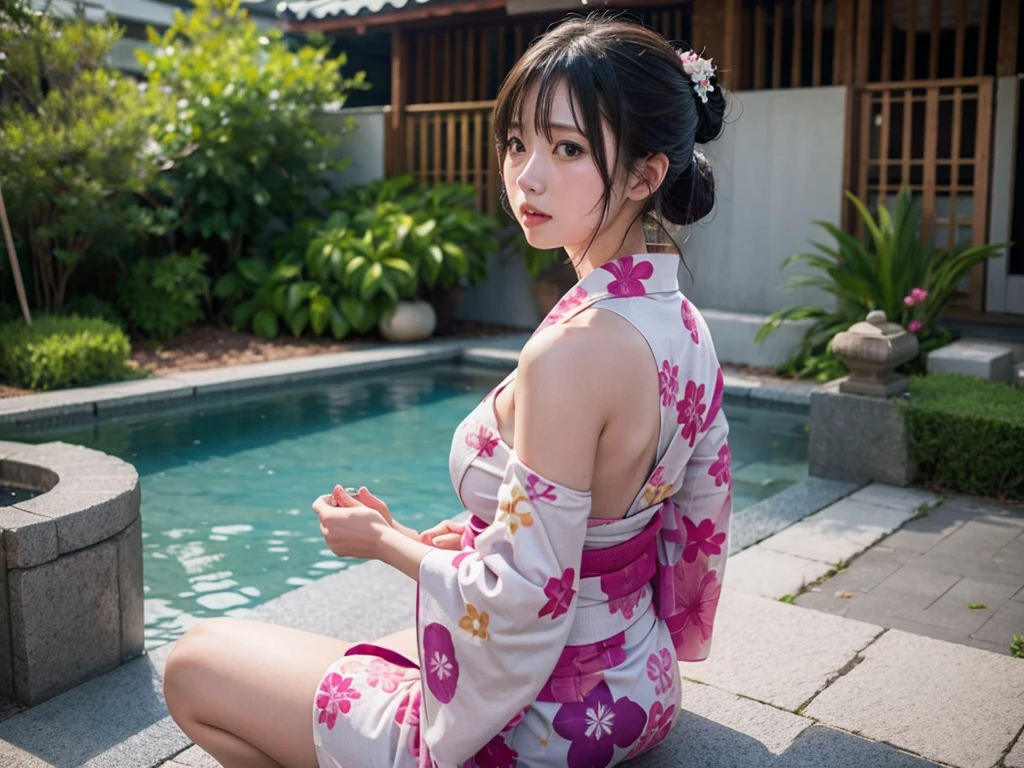 1girl, (ARTIST), ARTIST, ARTIST, (ARTIST), best quality, ultra-high res, (photorealistic:1.4), (detailed brown eyes:1.4), (realistic, photo-realistic:1.37), (8k, best quality, masterpiece:1.2), (((short_wet_kimono))), full body, ((looking_back)), (wet_medium_hair), (slender legs), (off-shoulder shirt), (detailed large_outdoor_hot_spring), (medium breasts), (stand), young, topless, (detailed perfect_face), (detailed shy:1.4), (from_back), (detailed wet_skin), wet, (water_vapor_in_front), (((night)))
