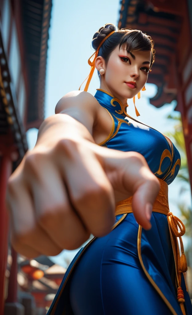 Chun li, image from below, a hyper realistic and ultra detailed photo of a pretty, elegant, ultra realistic, gorgeous girl, perfect eyes, portrait, looking at viewer, standing, outdoor casual background, kung fu pose,