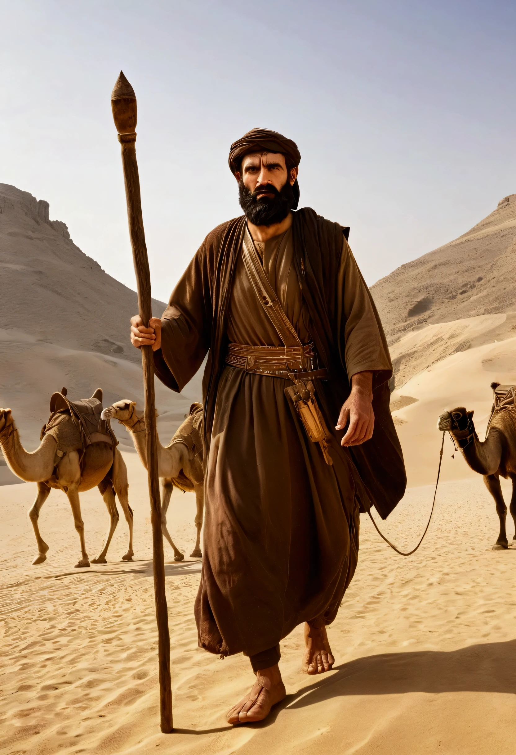 Create a hyper-realistic image of an ancient Middle Eastern man with a weathered face, dark beard, and traditional nomadic attire, setting off from a grand walled city with towering ziggurats. The man stands with a wooden staff in hand, his expression resolute, as he begins a journey across a vast desert. Several camels and goats follow him, highlighting his role as a leader or patriarch. The city behind him glows under a warm, setting sun, casting a golden light on the scene. The landscape ahead is barren, with rugged terrain, distant mountains, and sand dunes, symbolizing a challenging journey through wilderness. Negative prompt: avoid any modern elements, modern clothing, vehicles, futuristic or medieval structures, European, Roman, Greek, Arab, or Persian architecture; exclude any anachronistic objects, pyramids, or any buildings not characteristic of ancient Mesopotamian civilization.