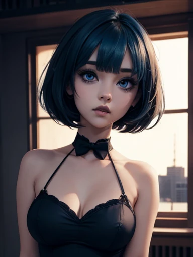  foreground, A cute girl, Chibi, slender and busty  , big blue eyes and full lips,  dark makeup,  pretty face looking at the viewer, short and fringed hair, 