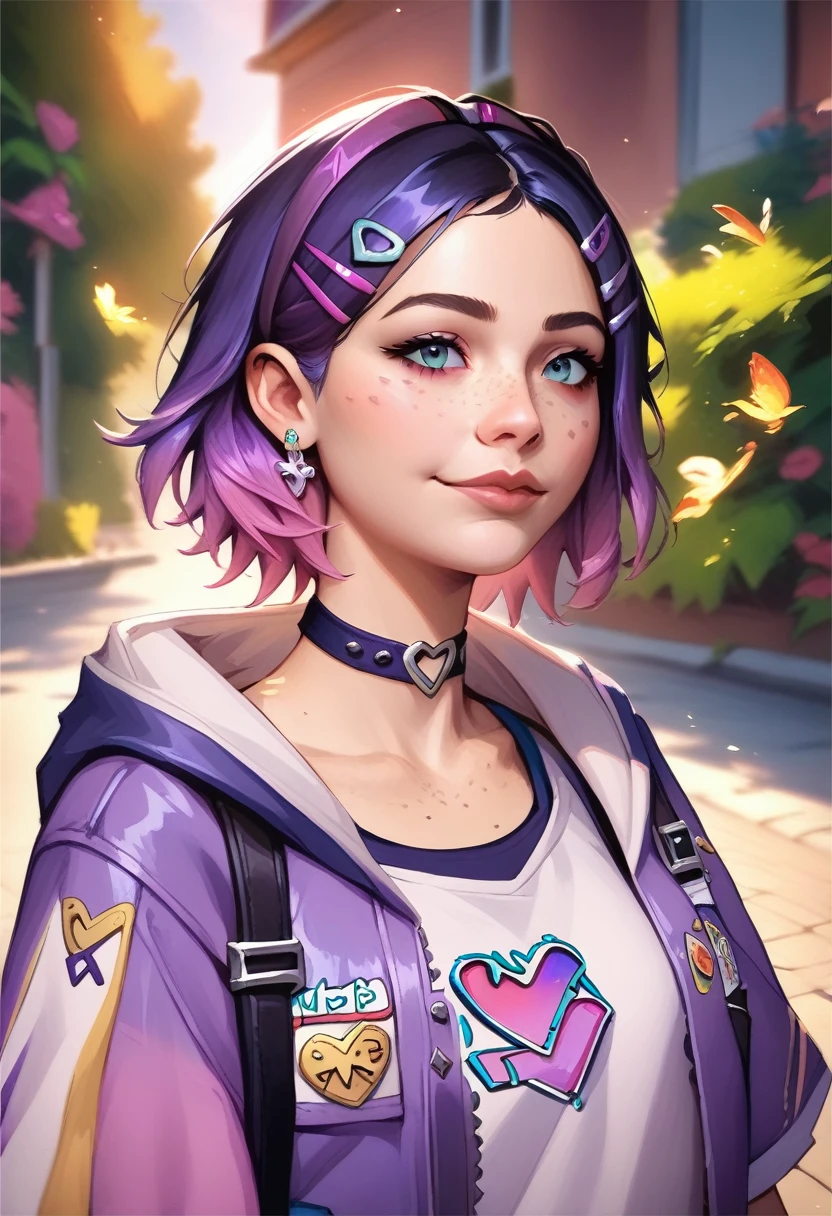 a woman with purple hair and a purple jacket stands in front of a house, official character art, heartstone original art style, portrait knights of zodiac girl, artwork in the style of guweiz, urban girl fanart, marin kitagawa fanart, official fanart, official art, kawaii realistic portrait, lofi portrait, character profile art, detailed fanart, detailed character art, A digitally illustrated character with short, stylized black and pink hair, adorned with colorful hair clips. They wear a vibrant, oversized jacket with a gradient of purple and teal, featuring heart-shaped designs, over a white shirt. The character has a friendly smile, light freckles, and a choker necklace. They stand outdoors, surrounded by green foliage and soft sunlight, conveying a cheerful and confident demeanor.