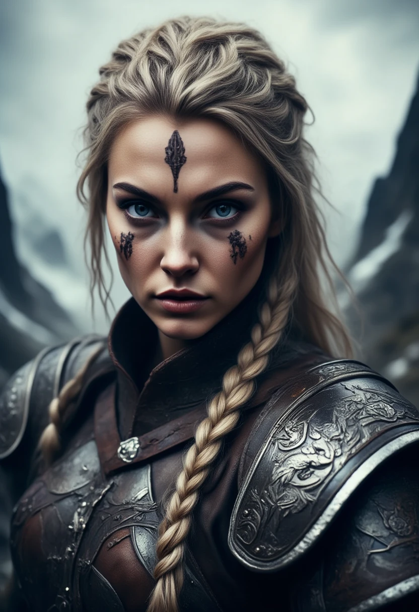 An extremely detailed close-up portrait of a fierce Viking warrior woman standing against a rugged Nordic landscape. She has a strong, intense gaze with striking blue eyes, framed by intricate tribal war paint on her face. Her blonde hair is styled in multiple complex braids with small metal rings and beads woven throughout, adding a rugged, battle-ready look. Her armor is dark leather and metal, heavily adorned with intricate Norse engravings and elaborate patterns. The shoulder plates and forearm guards are more detailed with carvings of wolves, ravens, and intricate knotwork, showcasing Norse mythology. The background features mist-covered mountains and a cloudy sky, enhancing the mystical, fantasy atmosphere. The lighting highlights the realistic depth of the metallic accents and textures on her armor. The overall color palette is earthy and metallic, capturing the cold, raw essence of Viking lore with extreme detail in her armor and hair.