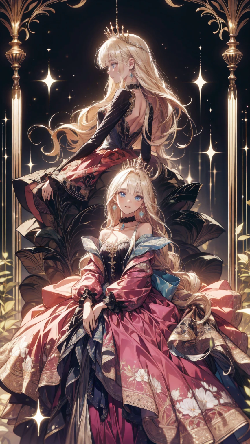 ,  1 girl, difficult,Alone,(8k, Best Quality, masterpiece: 1.2),  Ultra High Definition ,, Marie Antoinette, ultra detailed face ,fine grain, open your mouth slightly ,(blonde),Long Hair, wavy hair in front of the station, break,Rococo Ruffle Dress,Long sleeve dress, The dress has a long skirt , Baroque Dress ,  intricate fantasy dress , Gorgeous glamorous dress,  romantic dress, Costume with frills  ,lottery, Data Style, Formal Wear, Fancy Fashion, palate colors include pink and white,(pink:1.5),Class A Smile,Gold Tiara,  necklace ,Sit in a fancy chair,  hands on needs  ,( rainbow light :1.4),,Profile of a person looking out a window,The rosebush is reflected in the window,(Inside Victoria Palace)、Her eyes are shining、今彼女のblondeの髪は腰まで伸びている、Rose-colored gradation and three, 薄いpinkのロック. 彼女は花柄の装飾が施されたGold Tiaraを着用し、 Matching earrings  , white flower choker. 彼女は金色のボタンで縁取られたフリル付きの白いストライプのpinkのトップを着ている, The white sleeves are in the shape of a bud .. A magenta ribbon runs down her chest..、Tie at the back of the neck、Matching chest piece, Decorated with flowers. Her frilly skirt is divided by a white line, Fastened with a large magenta ribbon、Decorated with gold, There is a small ribbon on the back. Her mini skirt、薄いpinkのマゼンタの貝殻状の裏地と白い花のペチコートでできている. 彼女はpinkの花がついた白い手袋も着用している, 白と薄いpinkの靴には、ゆるいカフとDecorated with flowersたマゼンタのリボンがある.
