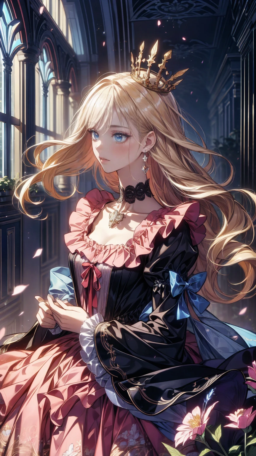 ,  1 girl, difficult,Alone,(8k, Best Quality, masterpiece: 1.2),  Ultra High Definition ,, Marie Antoinette, ultra detailed face ,fine grain, open your mouth slightly ,(blonde),Long Hair, wavy hair in front of the station, break,Rococo Ruffle Dress,Long sleeve dress, The dress has a long skirt , Baroque Dress ,  intricate fantasy dress , Gorgeous glamorous dress,  romantic dress, Costume with frills  ,lottery, Data Style, Formal Wear, Fancy Fashion, palate colors include pink and white,(pink:1.5),Class A Smile,Gold Tiara,  necklace ,Sit in a fancy chair,  hands on needs  ,( rainbow light :1.4),,Profile of a person looking out a window,The rosebush is reflected in the window,(Inside Victoria Palace)、Her eyes are shining、今彼女のblondeの髪は腰まで伸びている、Rose-colored gradation and three, 薄いpinkのロック. 彼女は花柄の装飾が施されたGold Tiaraを着用し、 Matching earrings  , white flower choker. 彼女は金色のボタンで縁取られたフリル付きの白いストライプのpinkのトップを着ている, The white sleeves are in the shape of a bud .. A magenta ribbon runs down her chest..、Tie at the back of the neck、Matching chest piece, Decorated with flowers. Her frilly skirt is divided by a white line, Fastened with a large magenta ribbon、Decorated with gold, There is a small ribbon on the back. Her mini skirt、薄いpinkのマゼンタの貝殻状の裏地と白い花のペチコートでできている. 彼女はpinkの花がついた白い手袋も着用している, 白と薄いpinkの靴には、ゆるいカフとDecorated with flowersたマゼンタのリボンがある.
