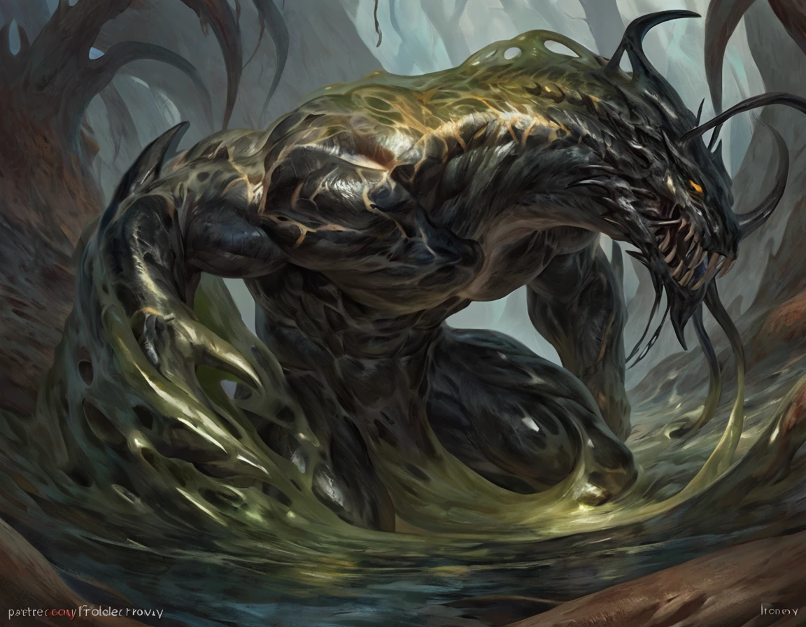 Muscular slime monster lizardfolk, athletic, slime mage, transparent body parts, comicbook style, best quality, 4k, ultra-detailed, by laobai, by taran fiddler, by honovy
