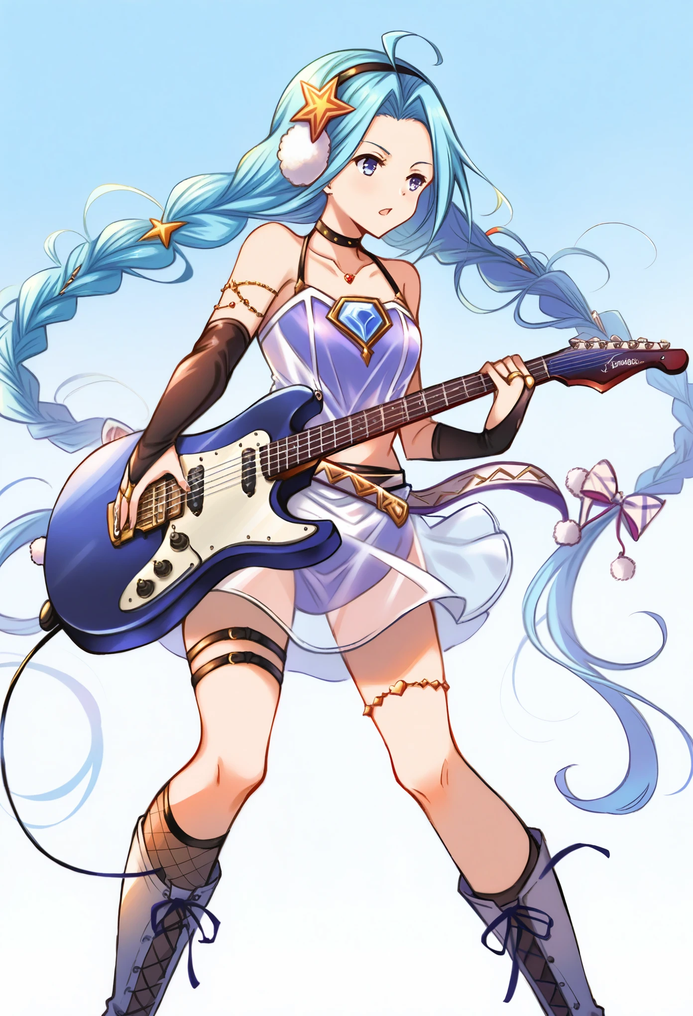 luriabase, blue hair, very long hair, ahoge,
lyrdefdress, choker, collarbone, gem, jewelry, bridal gauntlets, thighlet, barefoot,
lyrdefdress, earmuffs, blue scarf, muffler, pom pom \(clothes\), bridal gauntlets, thighlet, brown footwear, knee boots,
lyrdgplswimsuit, twintails, twin braids, hair ornament, straw hat, hair flower, shell hair ornament, jewelry, see-through,
lyridoldress, hair ribbon, bare shoulders, plaid, bow, elbow gloves, fingerless gloves, assymmetrical gloves, asymmetrical legwear, blue footwear,
lyrqtapron, twintails, twin braids, hairclip, choker, bare shoulders, collarbone, apron dress, ribbon, bridal gauntlets,
lyrsndclothes, ponytail, braid, hair ribbon, black choker, jewelry, midriff, skirt, black gloves, fingerless gloves, belt, thigh strap, fishnet thighhighs, white footwear,
guitar, playing instrument, holding instrument, electric guitar,
lyr21fesclothes, hairband, cleavage cutout, elbow gloves, black gloves, midriff, belt, black thighhighs, masterpiece, best quality, extremely detailed CG unity 8k wallpaper, blur