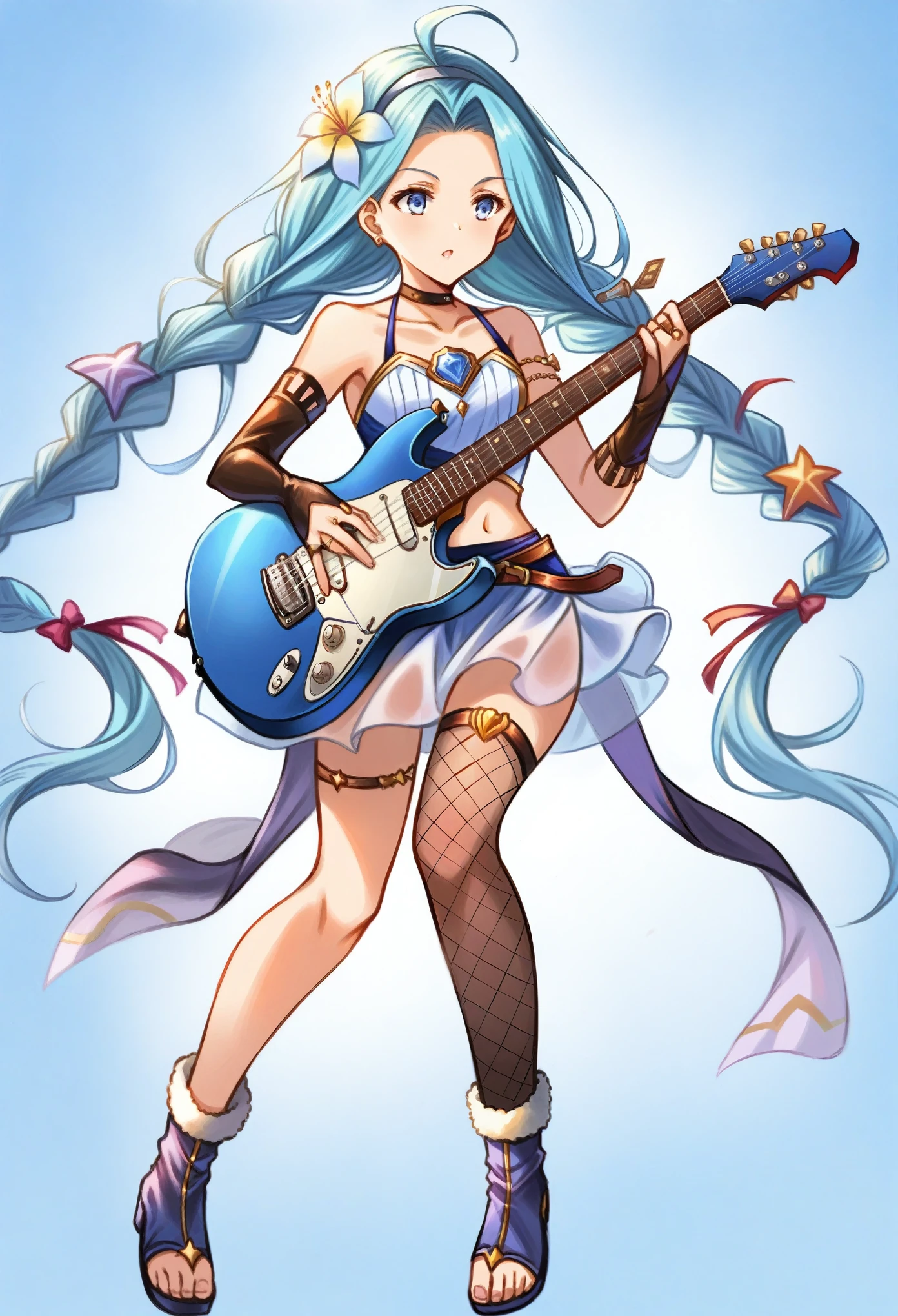 luriabase, blue hair, very long hair, ahoge,
lyrdefdress, choker, collarbone, gem, jewelry, bridal gauntlets, thighlet, barefoot,
lyrdefdress, earmuffs, blue scarf, muffler, pom pom \(clothes\), bridal gauntlets, thighlet, brown footwear, knee boots,
lyrdgplswimsuit, twintails, twin braids, hair ornament, straw hat, hair flower, shell hair ornament, jewelry, see-through,
lyridoldress, hair ribbon, bare shoulders, plaid, bow, elbow gloves, fingerless gloves, assymmetrical gloves, asymmetrical legwear, blue footwear,
lyrqtapron, twintails, twin braids, hairclip, choker, bare shoulders, collarbone, apron dress, ribbon, bridal gauntlets,
lyrsndclothes, ponytail, braid, hair ribbon, black choker, jewelry, midriff, skirt, black gloves, fingerless gloves, belt, thigh strap, fishnet thighhighs, white footwear,
guitar, playing instrument, holding instrument, electric guitar,
lyr21fesclothes, hairband, cleavage cutout, elbow gloves, black gloves, midriff, belt, black thighhighs, masterpiece, best quality, extremely detailed CG unity 8k wallpaper, blur