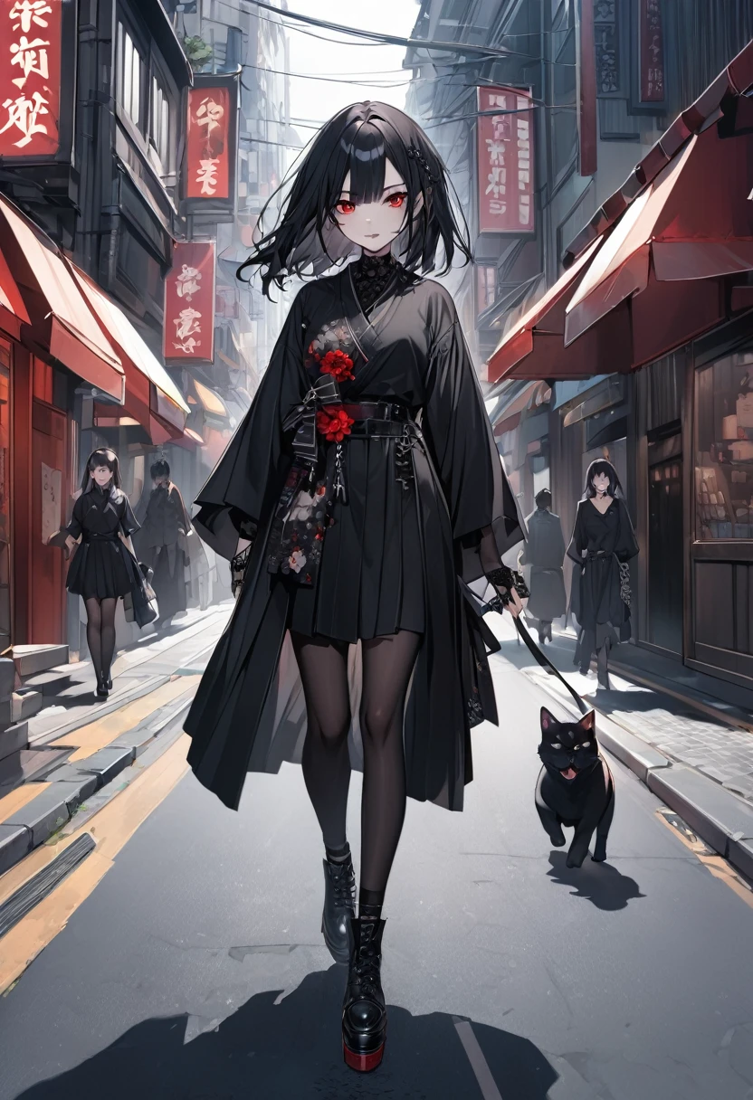 Gothic Japanese girl ,  Black shirt , Straight black hair,  I'm an optimist ., adult,  Red eyes , Gothic Japanese girl มีสร้อยคอแบบห่วง , Walking on the street  