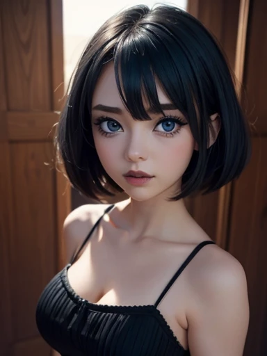  foreground, A cute girl, Chibi, slender and busty  , big blue eyes and full lips,  dark makeup,  pretty face looking at the viewer, short and fringed hair, 