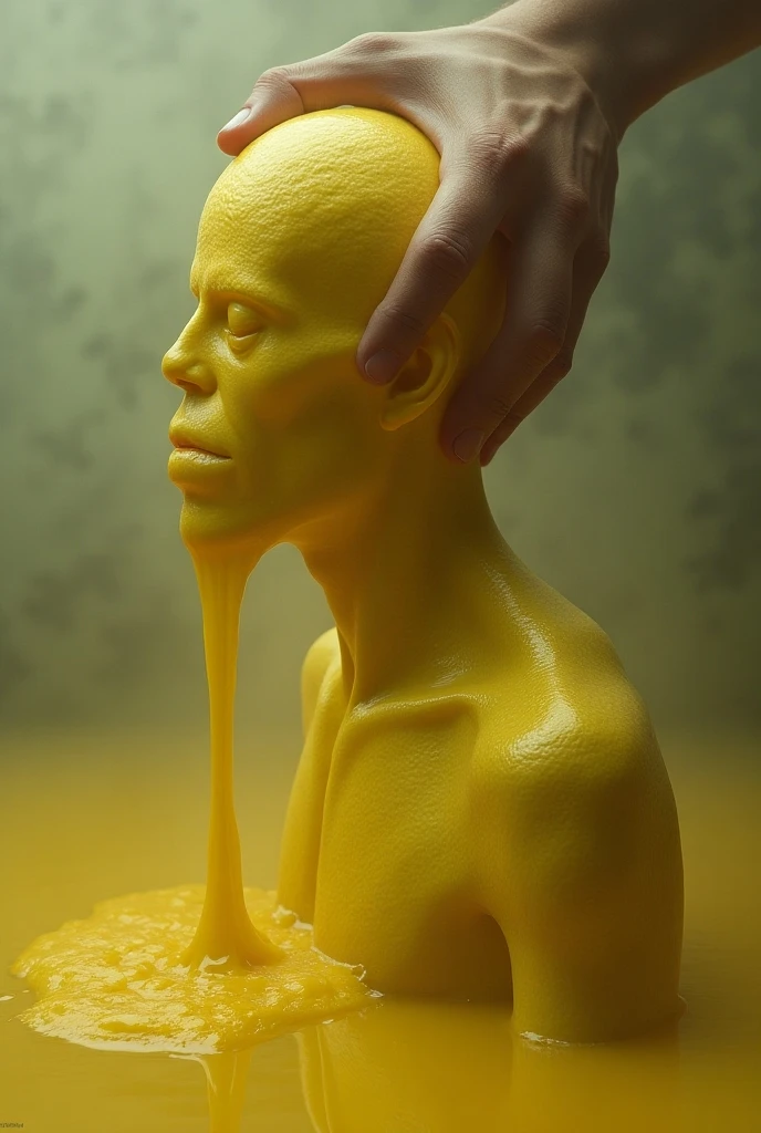 A realistic photo of a man in profile with his body painted yellow kneeling full-length on the ground, crouched, his face touching the ground, yellow background, study. Bright yellow thick paint dripping from his body to the floor. Behind the man a realistic model of a yellow plastic human brain in profile parallel to the man, both suspended in the air.