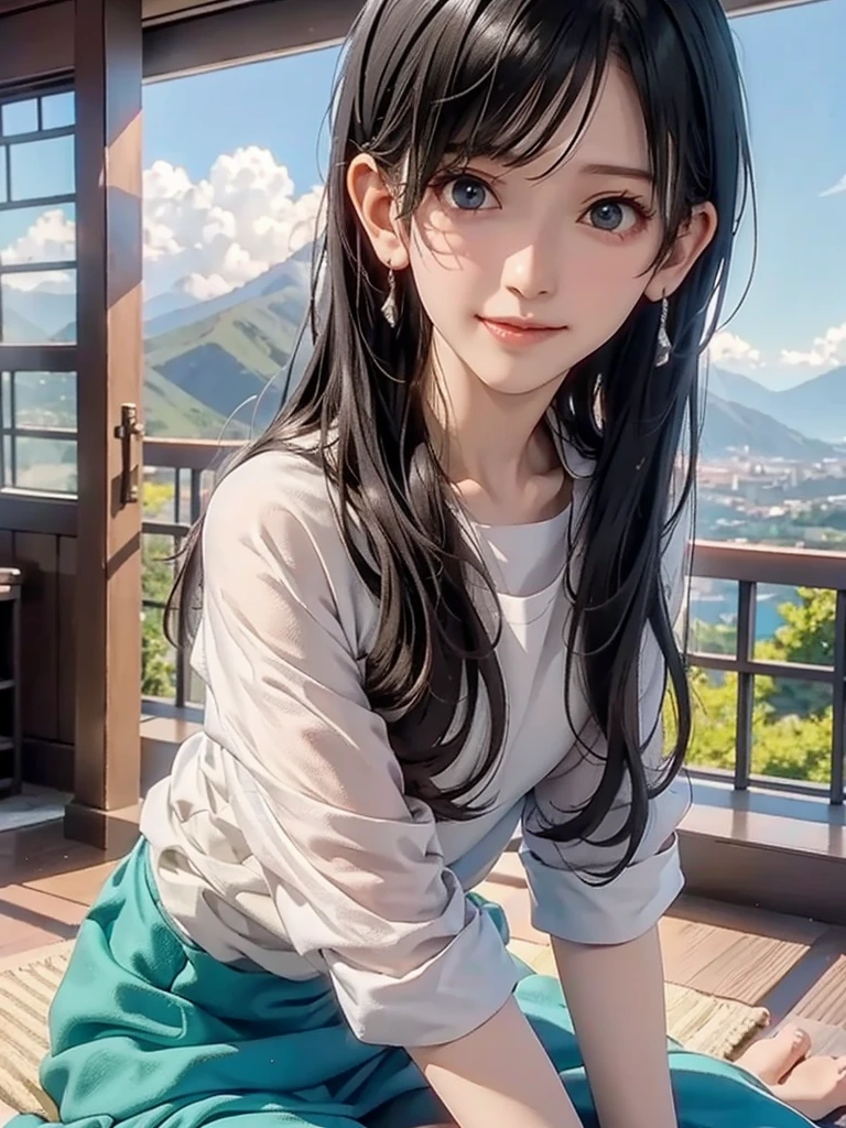  high resolution on down, 8k, Best Quality,  Details, Semi-realistic anime, 3D anime style,  Smooth Animated CG ,  one girl playing pranks,  A 20-year-old Japanese woman , slim, Modeling, Shiny black hair,  Detailsな顔, Beautiful and  Details,  Glowing Skin ,  Hard Focus 、 film grain,  soft lighting,  watching the audience in the cloud , smile, (Mountain Climbing Girl 、Mountaineering clothing),  Mountain Views 、City and Ocean Views 