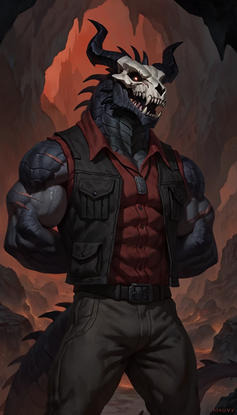 dragon like anthro lizard, hands behind back, anthro dragon, solo, portrait, scaly, detailed scales, experienced predator, dragonic, monster, mercenary, grin, open mouth, black scaly body, matte body, toned, muscular anthro, big muscles, big horns, wearing vest and pants, wearing red shirt, detailed scales, scars on body, 1male solo, anthro, muscular, thick neck, thick tail, skull head, marked jaw, Helltaker style, underground cave city background, darkness, horror, best quality, 4k, ultra-detailed, by laobai, by taran fiddler, by honovy