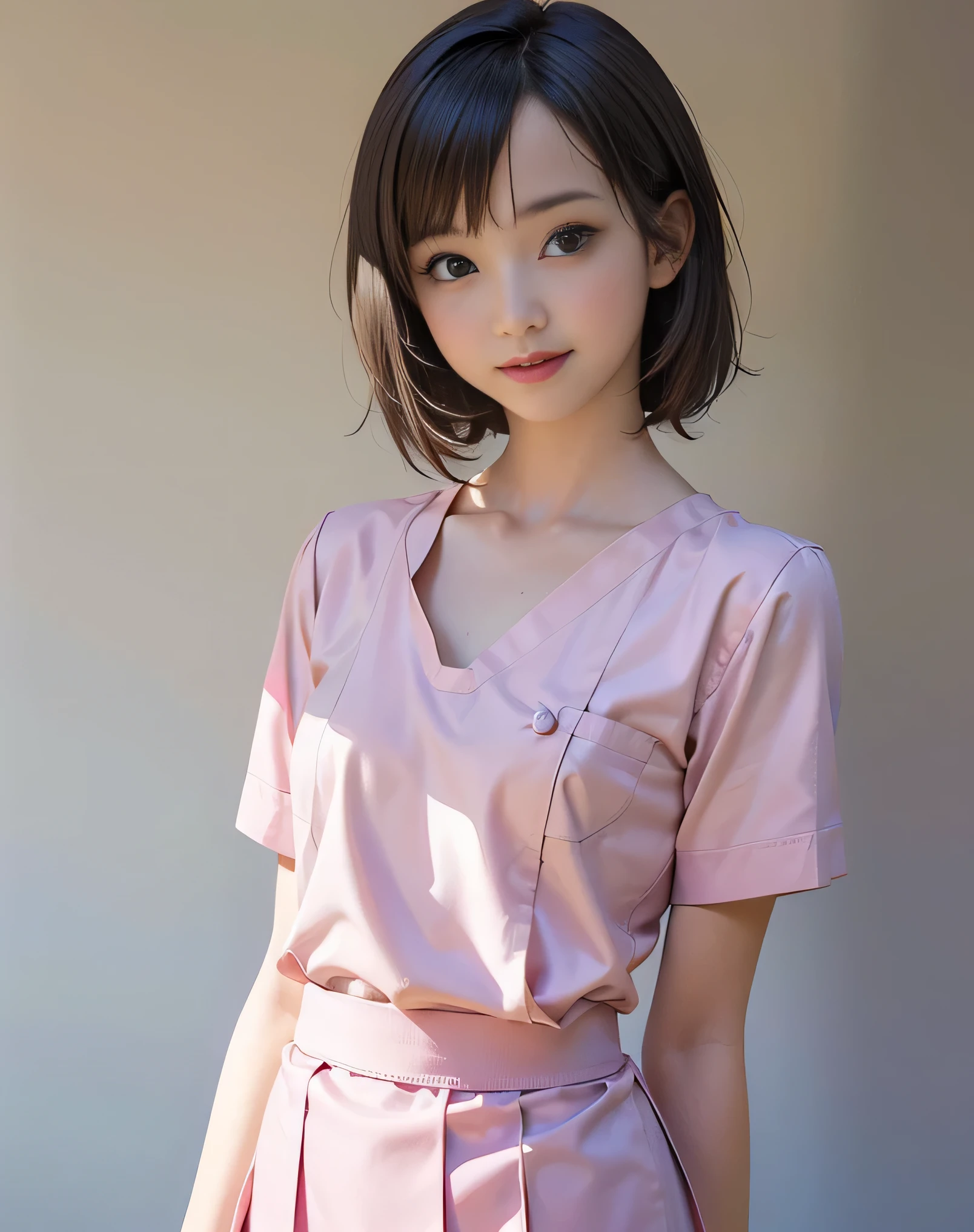 (Realistic:2.0),(High resolution:1.5),(1 girl:1.5),(solo:1.5),(ager:1.3),(young:1.3),(looking at the viewer),Small face,(Flat chest:1.5),short bob hair,bangs:1.2,(large eyes),(Realistic eyes),(smile:1.2),(Simple pink nurse uniform),nurse mini skirt,In the hospital,