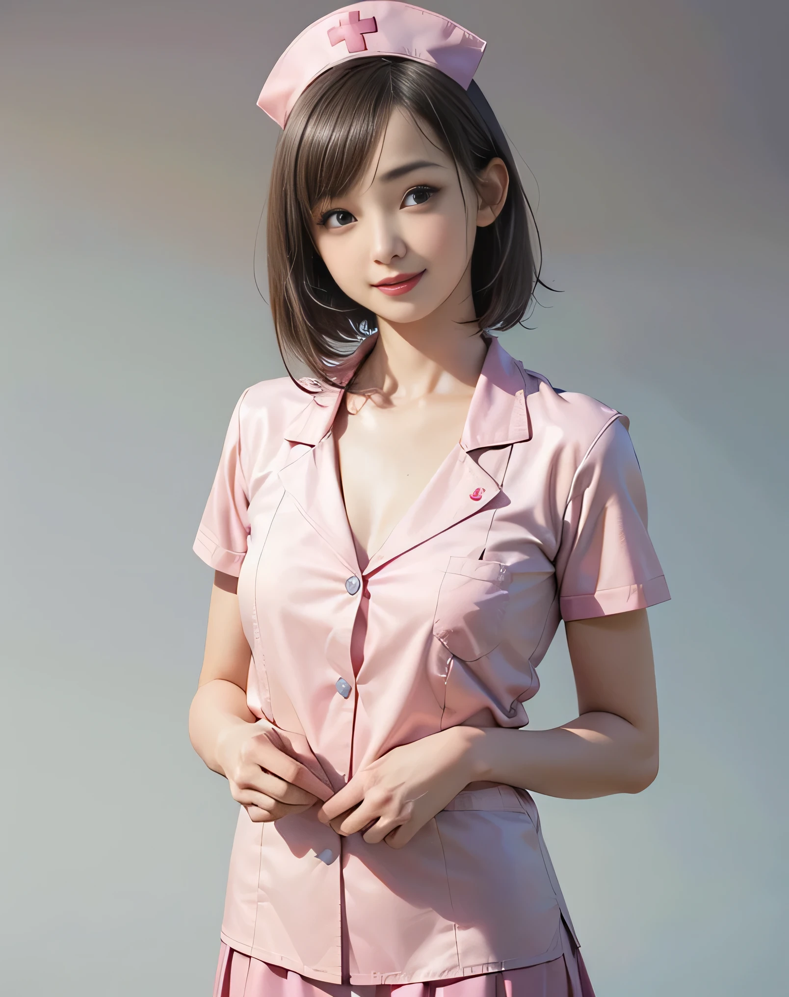 (Realistic:2.0),(High resolution:1.5),(1 girl:1.5),(solo:1.5),(ager:1.3),(young:1.3),(looking at the viewer),Small face,(Flat chest:1.3),short bob hair,bangs:1.2,(large eyes),(Realistic eyes),(smile:1.2),(Simple pink nurse uniform:1.1),nurse mini skirt,In the hospital,
