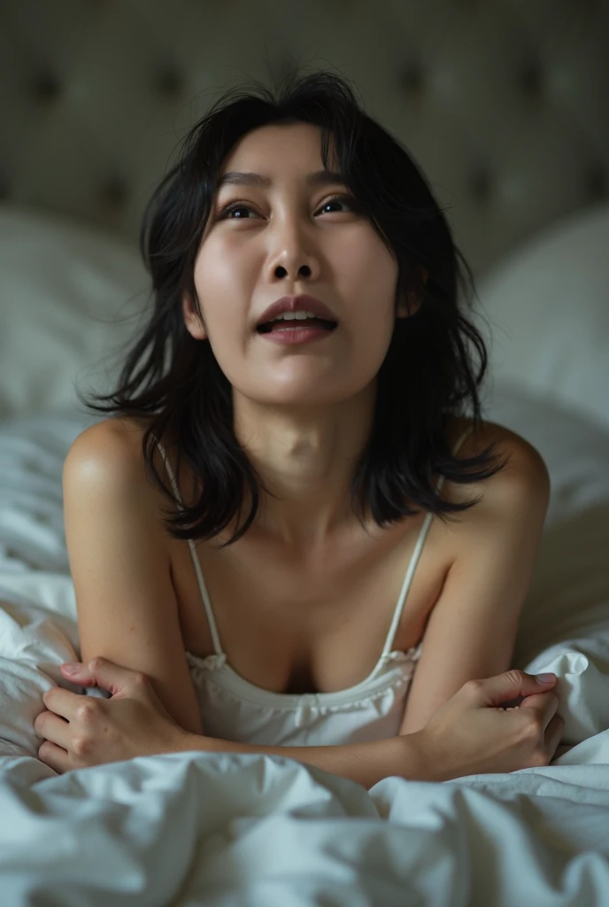 ((A poor Chinese mother in the countryside)) One Woman (A dark basement that was bombed) ((Full nudity))、Married Woman、((Photographed from above while lying on your back in bed))、(Photorealistic)、Dirt、((((Saggy super big breasts))))、Concrete wall、(Sweaty skin) ((No makeup))、(Real Face))、((No makeup))、((Full nudity))、Mature Woman Mom (50 years old) Stains (Disheveled and loose hair) (fear:1.7) ((Dirtたふんどし)) Close-up poor (sad:1.7) ((Close ~ eyes)) ((((Big Breasts))))、((Photorealistic))
