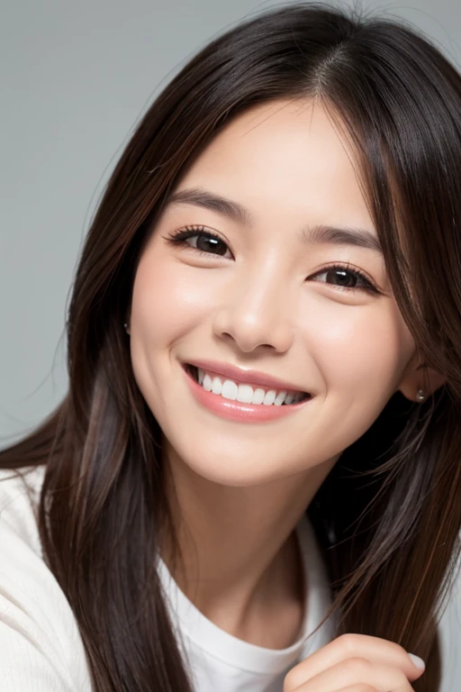 a close up of a woman in a posing for a picture, superflat, a stock photo, inspired by Wang Yuanqi, japanese girl , japanese , smiling girl, teenage female , realistic