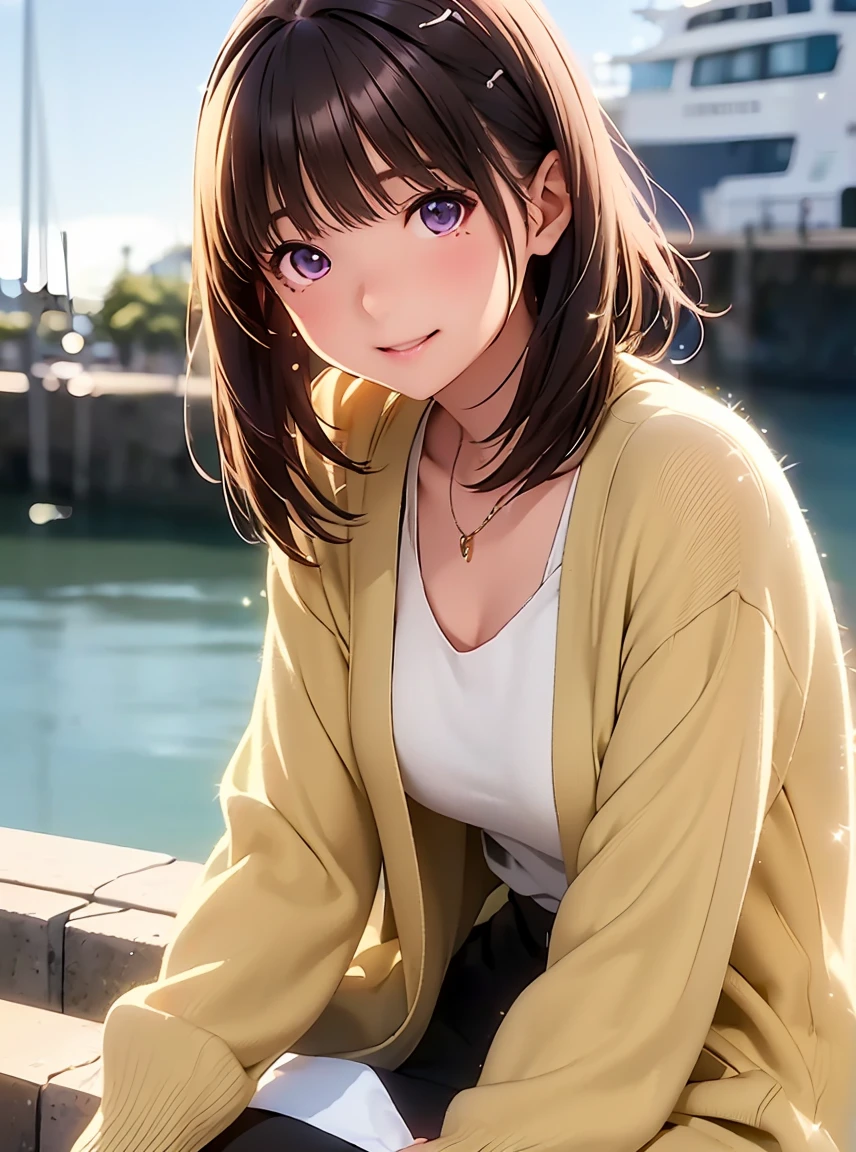   high resolution on down ,In 8K, best quality, Details,Semi-realistic anime, D Anime Style , Smooth Animated CG , one girl playing pranks, 19-year-old Japanese woman,slim,modeling,((Sparkling Eyes)),(( medium hair )),(Maroon Glowing Hair ), Pink Lips, Shiny brown hair, Detailsな顔,Beautiful and  Details,,((深い青紫色のSparkling Eyes)),(Shut your mouth.),(Laughter),(( black long sleeve long cardigan )),(( light cream pencil skirt)),(Sit on the seawall in the harbor ),((slimな身体)),( look at the camera),((Spread your arms down ))