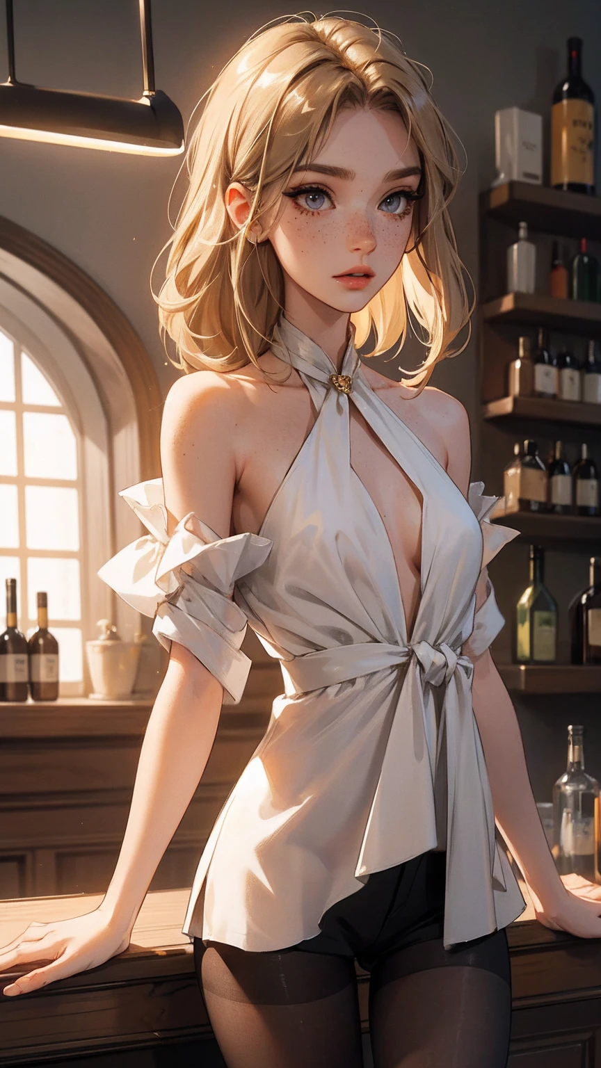 （lifelike， high - resolution：1.3）， 1 girl with a perfect body，slender body, Suprenme face and eyes， blaire ivory, lena anderson, (dark eyelashes, eyeliner), shoulder length  hair, freckles, golden brown  hair with dark roots, shoulder length hair, skinny, petite, saloon girl, saloon bartender, long torso, abdomen, torn pantyhose under short shorts