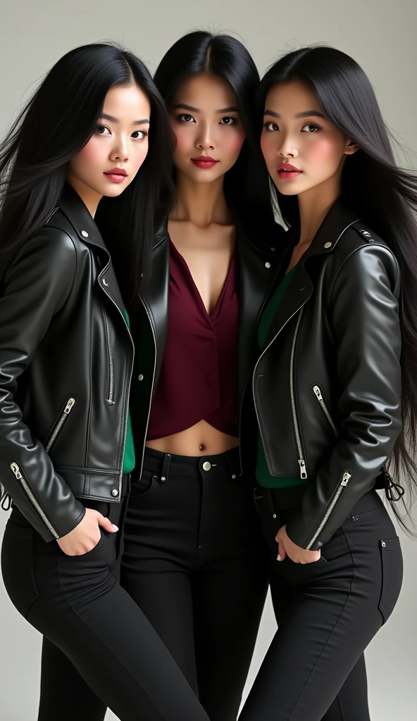 Photorealistic image of 2 gorgeous young light-brown sun-tanned, racy Japanese women with long waving black and full curly mane with purple streaks, dressed in short red and black leather jacket, no T-Shirt on, black leather skirt, black overknee boots. Both standing in the middle of a bright illuminated shopping mall by night. Both stand face to face to each other, licking an Ice Cone. Detailed facial features, realistic hair strands, high-quality rendering, photorealism, detailed attire, authentic lighting, detailed writing with letters, dynamic pose, atmospheric lighting.