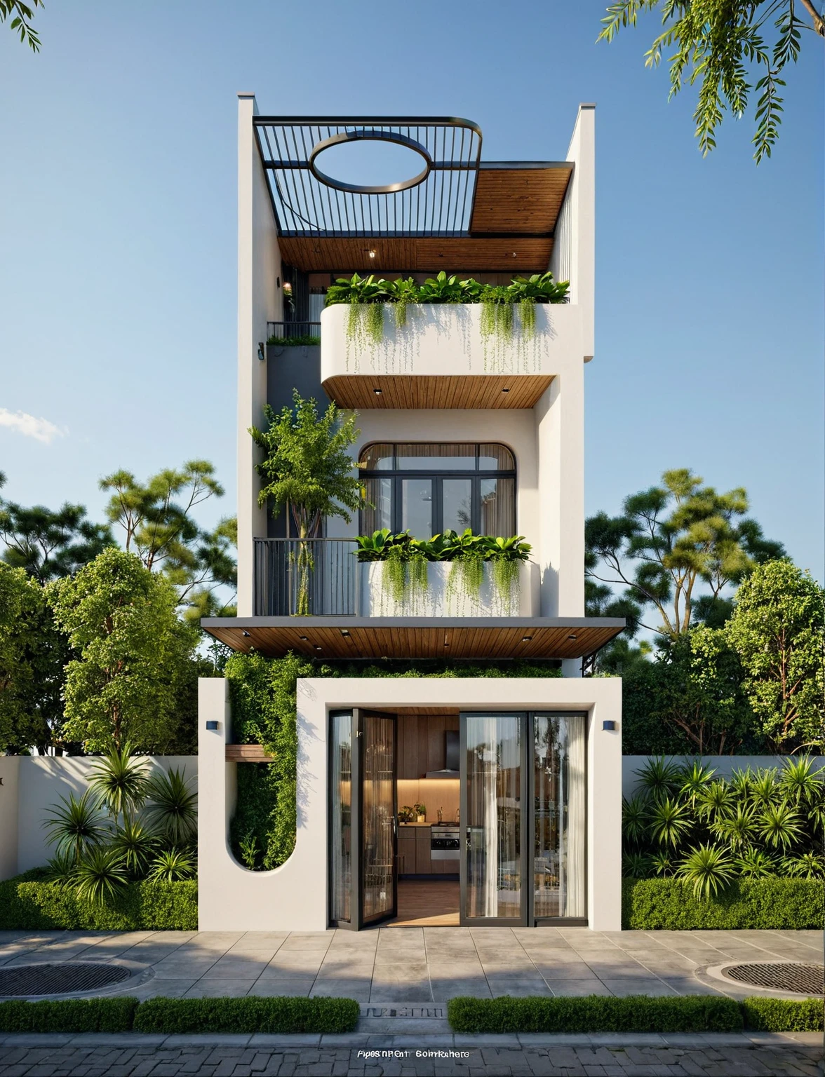 This image showcases a modern, narrow townhouse featuring a contemporary and minimalist design. Key aspects include:

- **Structure and Design:** 
  - Tall and slender to maximize space on a small plot.
  - Primarily white facade with gray or textured materials for a clean look.
  - Recessed balconies and strategic lighting add visual interest.

- **Greenery:** 
  - Each level includes planters and small balconies for plants, creating a vertical garden.
  - The rooftop features additional greenery and a wooden pergola for shade.

- **Entrance:** 
  - Simple ground floor entrance with dark-framed glass doors and textured gray material.

- **Windows and Balconies:** 
  - Windows with dark frames and privacy curtains; small balconies for plant display.

- **Surroundings:** 
  - Located in an urban setting with walls and other buildings visible, suggesting evening lighting.
Overall, the building embodies modern, environmentally conscious design with biophilic elements, well-suited for urban living while enhancing the living experience. The evening lighting accentuates its architectural features., Best Quality,Masterpiece, UHD, 4k, Stunning,Eye-catching,Sharp edge render, Award winner design in 2024, Photorealistic, High-Resolution, Detailed, Accurate, Vibrant, Dynamic Lighting, Textured, Perspective, Atmospheric, Contextual, Balanced Composition, Material Realism, Interactive, Immersive, Narrative, Minimalist