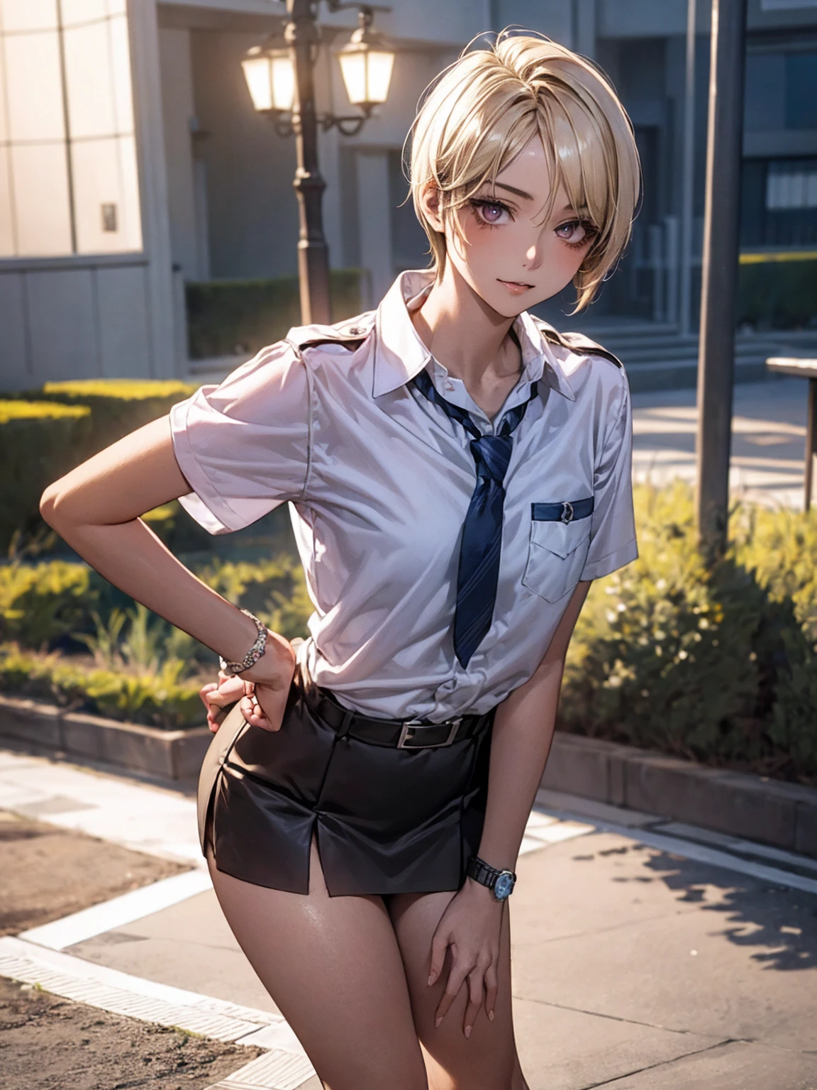 <lora:gunslinger:0.6>, ultra-detailed 8k cg, gunslinger, (1girl, solo, cowboy shot), medium breasts, extremely detailed face, ((dirty blonde hair)), (radiant blue eyes), white short-sleeve stewardess jacket, (masterpiece, best quality, highres),
, happily smiling at the viewer, topless, exposed nipples to viewer, earrings, glasses, necklace, earrings, ((white) micro skirt), (((short hair))), white hairband, white lace choker,