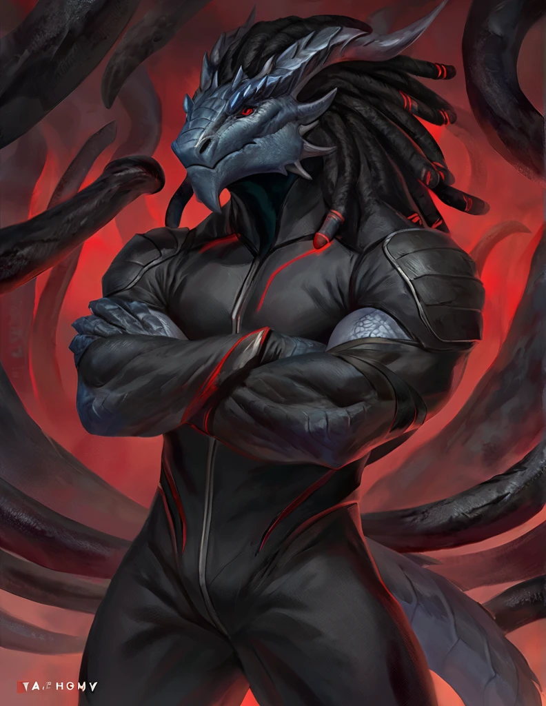 a ferocious male dragonborn, solo, muscular detailed body, athletic, standing with crossed arms, full body, black color body, scalie tentacles, red eyes, pants, armless bodysuit, comicbook style, best quality, 4k, ultra-detailed, by laobai, by taran fiddler, by honovy