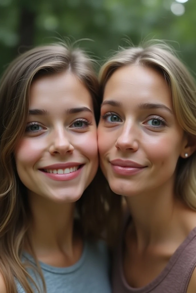 2heads, two headed girl, (looks like a girl:1.5), (female:1.5), (blonde:1.5), (two heads attached to one body:1.4), conjoined twins, heads side by side, one torso, young, uncomfortable, barefoot