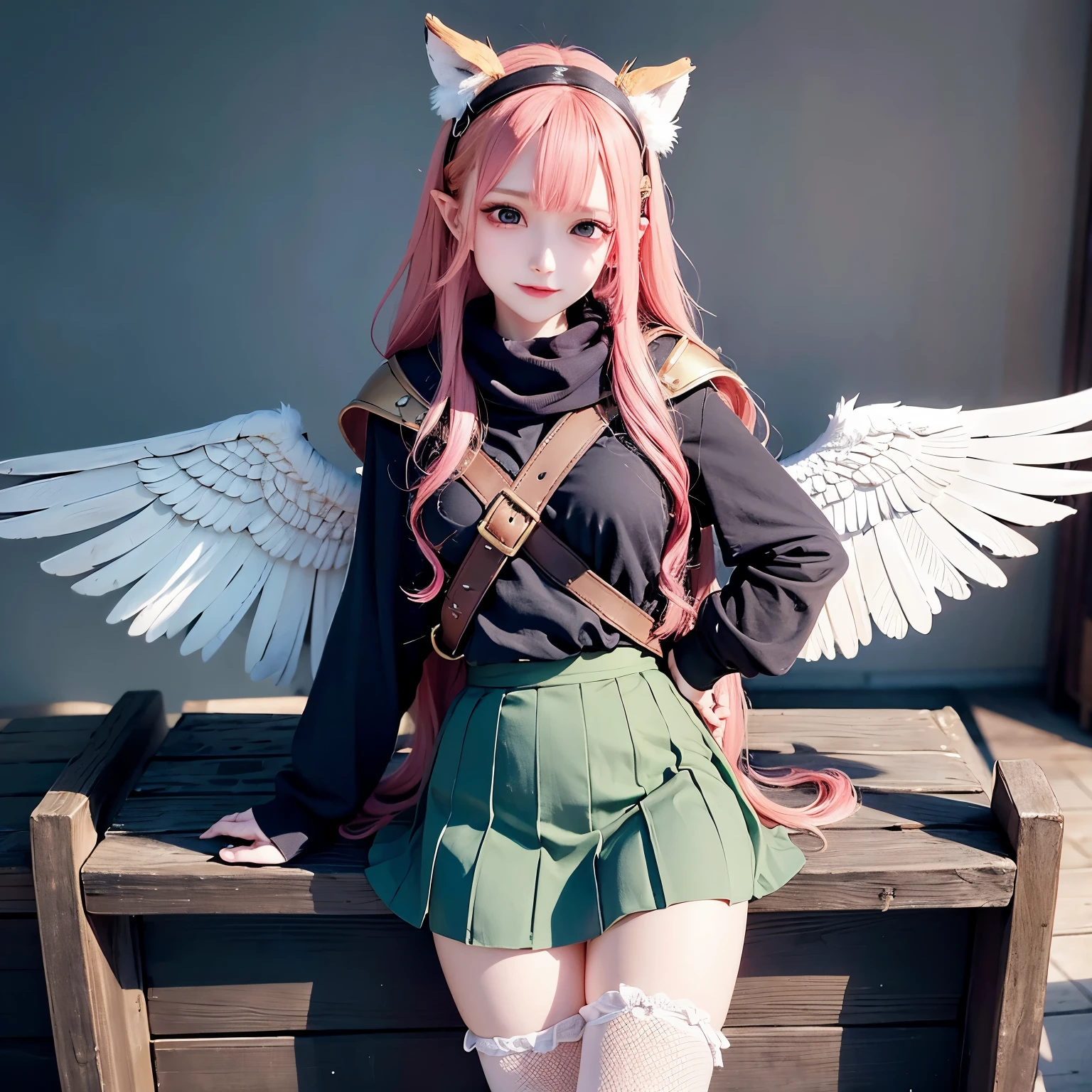 (masterpiece)), ( best quality), ( Details), (かわいいIllustration:1.5), ( 1 girl) ,( A Very Beautiful Woman with a Very Cute Smile ),( Very Beautiful Symmetrical Face ),( Too Beautiful Adult Attractive Woman ),( add strong highlights to the eyes ), ( hyperreal), (Illustration), ( high resolution on down), (32K), (非常に Detailsな), (best Illustration), ( Beautifully Detailed Eyes ), ( official art), {{masterpiece, best quality, extremely detailed CG , unity 8k Wallpaper , Movie Lighting}}, ( beautiful and aesthetic :1.2), ( perfect female body), (Soft body line), glass, null, Field, League of Legends , 1 girl, Elf, Druid, animal ears , bandage legs, Long legs, bandage, bandage, bird foot, Bird Skull, Cape, shut up, Ears by Headdress , Eyes , Face painting, Wings, Food, Fooded Cape, Long Hair, 茶色と緑Eyes, ginger, Red Hair, colorful hair, armor, blue scarf, scarf, scarf, scarf Long Hair, Fooded scarf, Green clothes, green skirt , long skirt, leather armor, Nose ring, nostril, backpack in an abandoned house