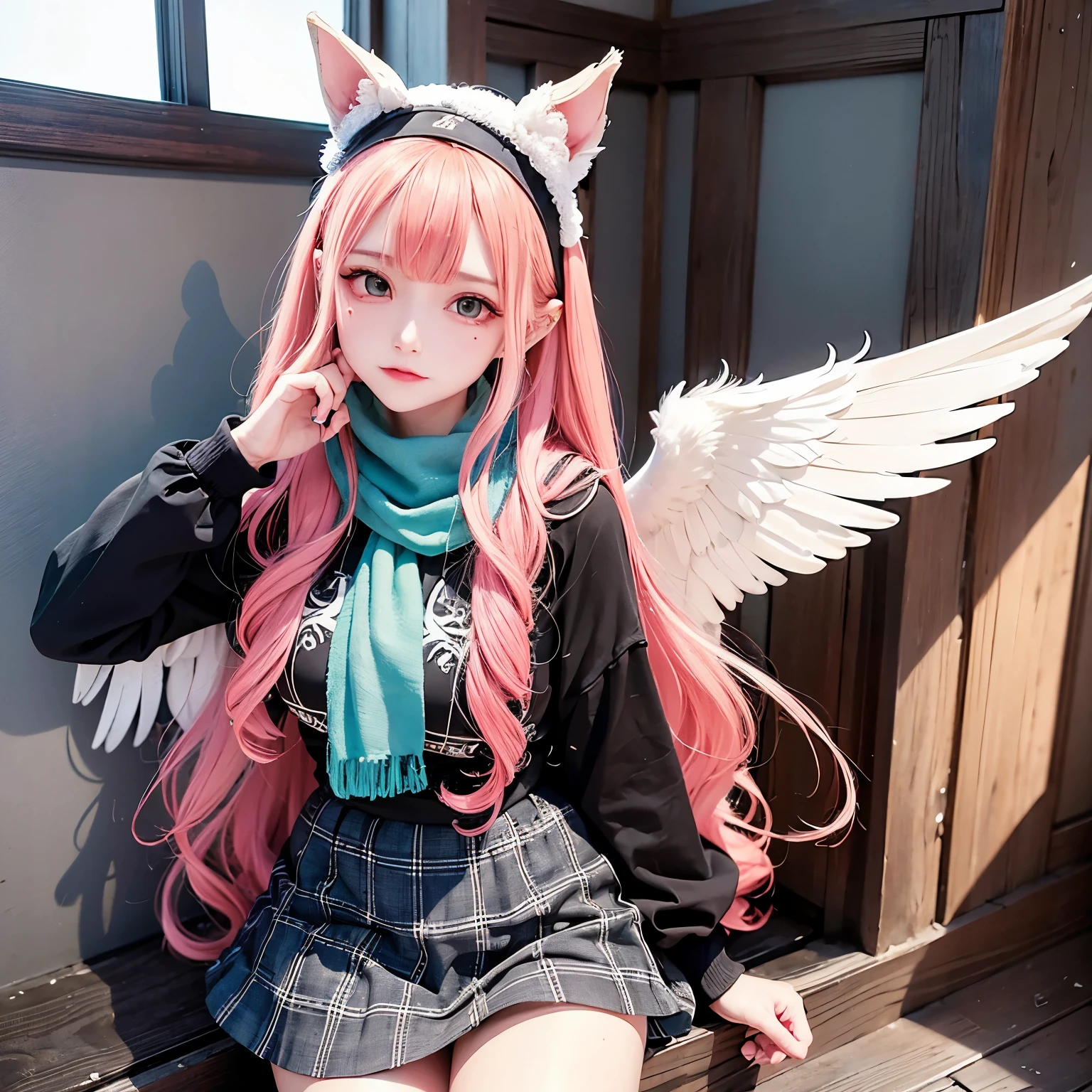 (masterpiece)), ( best quality), ( Details), (かわいいIllustration:1.5), ( 1 girl) ,( A Very Beautiful Woman with a Very Cute Smile ),( Very Beautiful Symmetrical Face ),( Too Beautiful Adult Attractive Woman ),( add strong highlights to the eyes ), ( hyperreal), (Illustration), ( high resolution on down), (32K), (非常に Detailsな), (best Illustration), ( Beautifully Detailed Eyes ), ( official art), {{masterpiece, best quality, extremely detailed CG , unity 8k Wallpaper , Movie Lighting}}, ( beautiful and aesthetic :1.2), ( perfect female body), (Soft body line), glass, null, Field, League of Legends , 1 girl, Elf, Druid, animal ears , bandage legs, Long legs, bandage, bandage, bird foot, Bird Skull, Cape, shut up, Ears by Headdress , Eyes , Face painting, Wings, Food, Fooded Cape, Long Hair, 茶色と緑Eyes, ginger, Red Hair, colorful hair, armor, blue scarf, scarf, scarf, scarf Long Hair, Fooded scarf, Green clothes, green skirt , long skirt, leather armor, Nose ring, nostril, backpack in an abandoned house