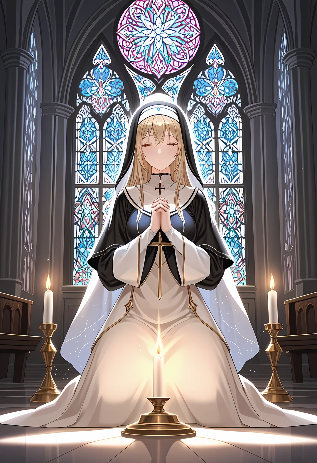 (((Best quality, 8k, Masterpiece: 1.3)), ((best quality)), ((masterpiece)), (detailed), perfect face, perfect body, (detailed skin:1.3), (intricate details), An elven woman with ethereal beauty, dressed in a nun-like habit, kneels in a grand, dimly lit church. Her long, pointed ears peek gracefully from under her veil, adding a mystical element to her holy appearance. She has her hands clasped in prayer, her face serene and eyes softly closed, radiating an aura of devotion. Stained glass windows cast gentle, colorful light onto her, illuminating the solemn space. The church interior is adorned with stone pillars, flickering candles, and an ornate altar in the background, enhancing the sacred atmosphere