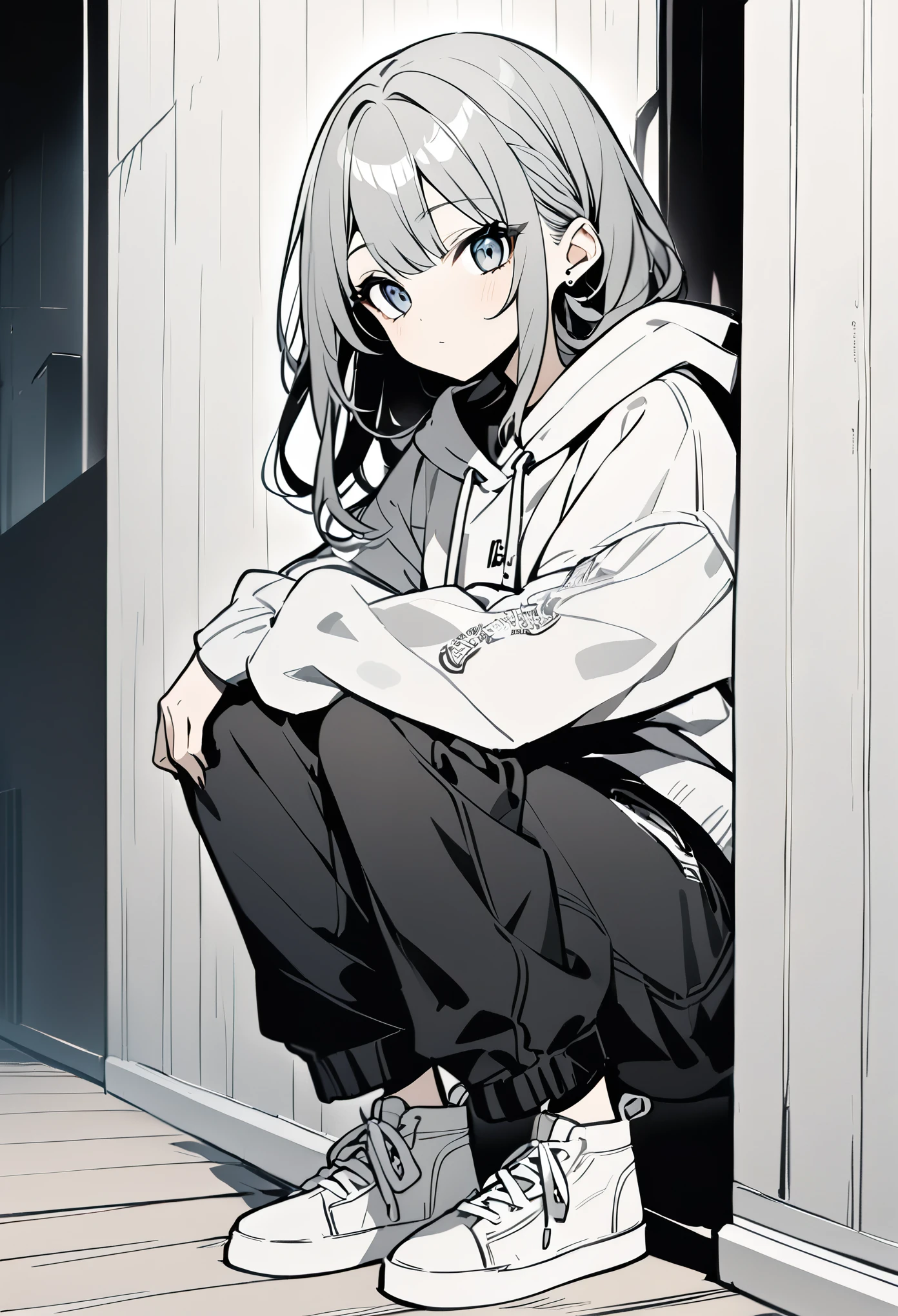 anime girl, pastel,dark gothic style, fashionable girl, oversized gray hoodie with text on sleeves, white tank top, black shorts, high-top sneakers, casual and trendy style, indoor setting, wooden wall background, relaxed pose, modern streetwear, minimalistic decor, youthful and sporty look, monochrome color scheme, cool and casual vibe, contemporary fashion, comfortable outfit, urban style