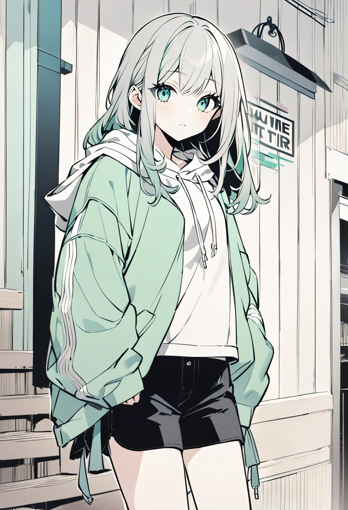 anime girl, pastel,theme color green, fashionable girl, oversized gray hoodie with text on sleeves, white tank top, black shorts, high-top sneakers, casual and trendy style, indoor setting, wooden wall background, relaxed pose, modern streetwear, minimalistic decor, youthful and sporty look, monochrome color scheme, cool and casual vibe, contemporary fashion, comfortable outfit, urban style