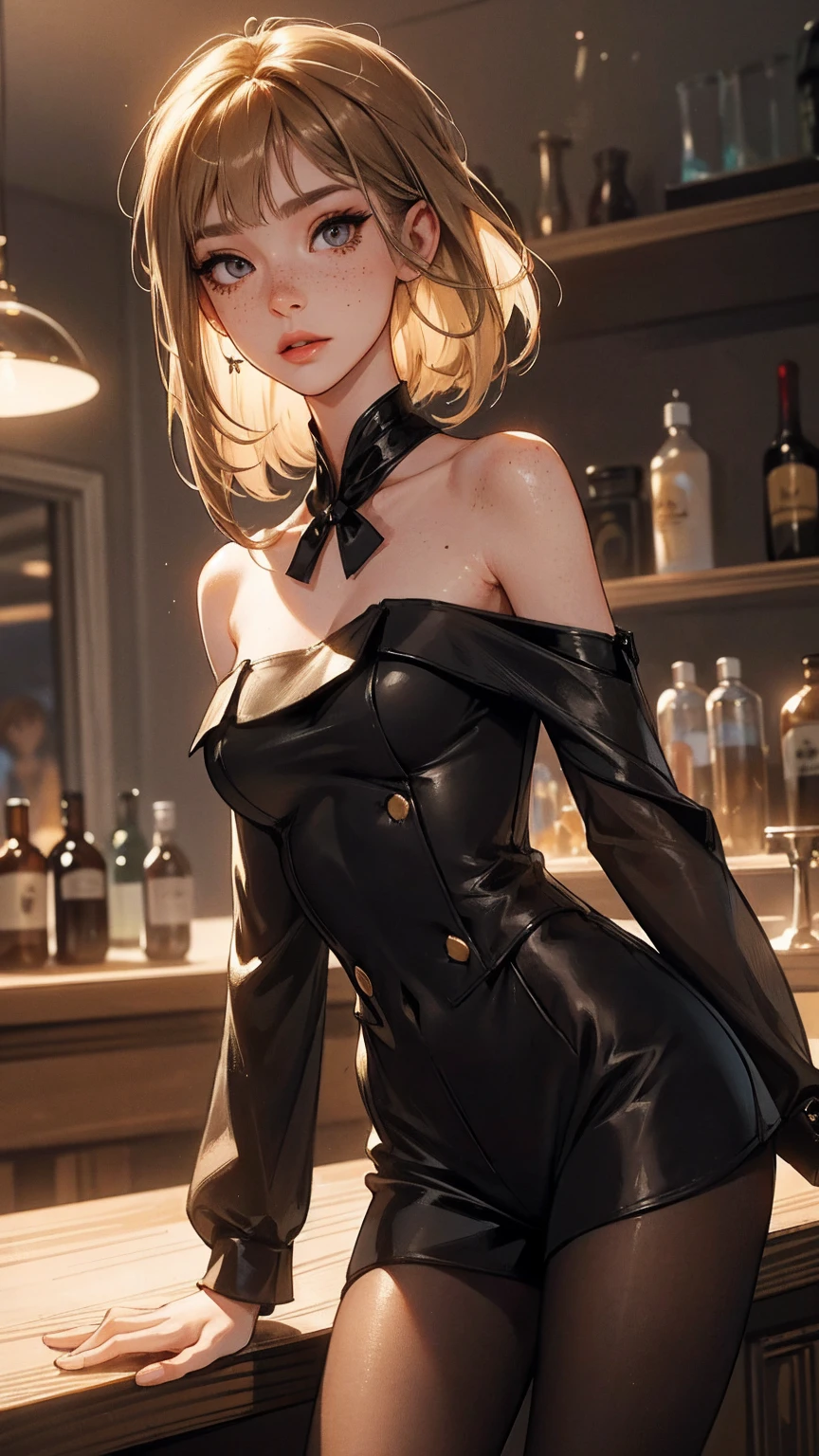 （lifelike， high - resolution：1.3）， 1 girl with a perfect body，slender body, Suprenme face and eyes， blaire ivory, lena anderson, (dark eyelashes, eyeliner), shoulder length  hair, freckles, golden brown  hair with dark roots, shoulder length hair, skinny, petite, saloon girl, saloon bartender, long torso, abdomen, torn pantyhose under short shorts, brown hair