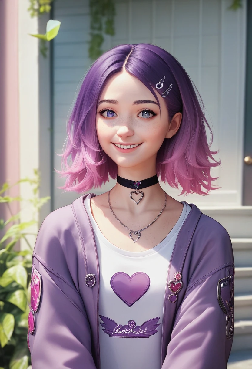 a woman with purple hair and a purple jacket stands in front of a house, official character art, heartstone original art style, portrait knights of zodiac girl, artwork in the style of guweiz, urban girl fanart, marin kitagawa fanart, official fanart, official art, kawaii realistic portrait, lofi portrait, character profile art, detailed fanart, detailed character art, A digitally illustrated character with short, stylized black and pink hair, adorned with colorful hair clips. They wear a vibrant, oversized jacket with a gradient of purple and teal, featuring heart-shaped designs, over a white shirt. The character has a friendly smile, light freckles, and a choker necklace. They stand outdoors, surrounded by green foliage and soft sunlight, conveying a cheerful and confident demeanor.