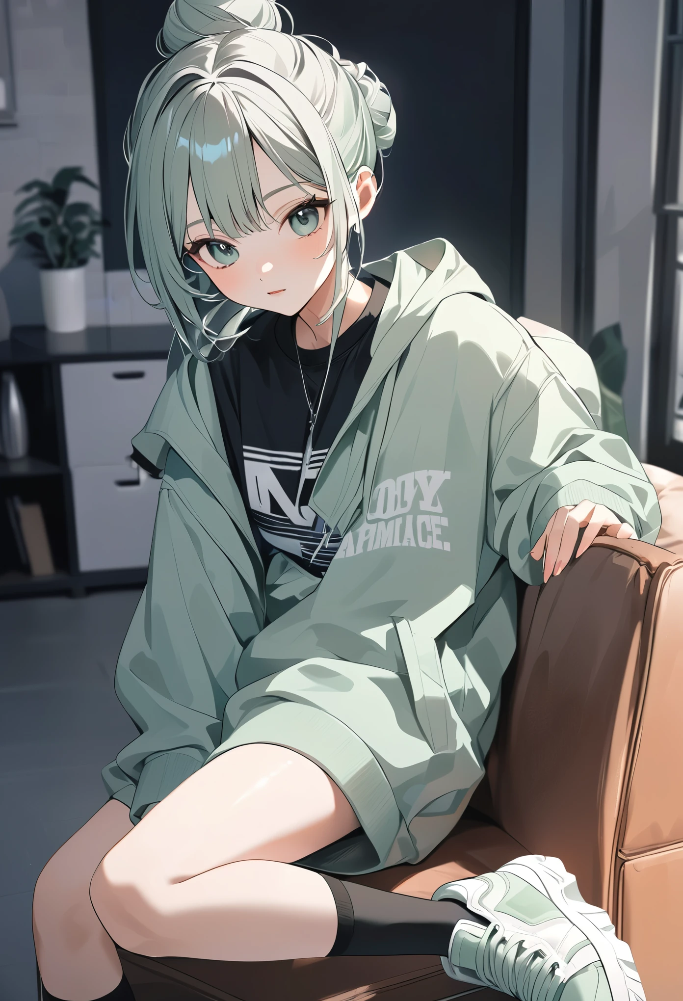 anime girl, pastel,theme color green, fashionable girl, oversized gray hoodie, black graphic t-shirt, high black socks with white stripes, chunky sneakers, sporty casual style, sitting on chair, relaxed pose, modern room background, youthful and trendy look, urban streetwear, cozy ambiance, high bun hairstyle, monochromatic color scheme, contemporary fashion, casual and cool vibe, indoor setting