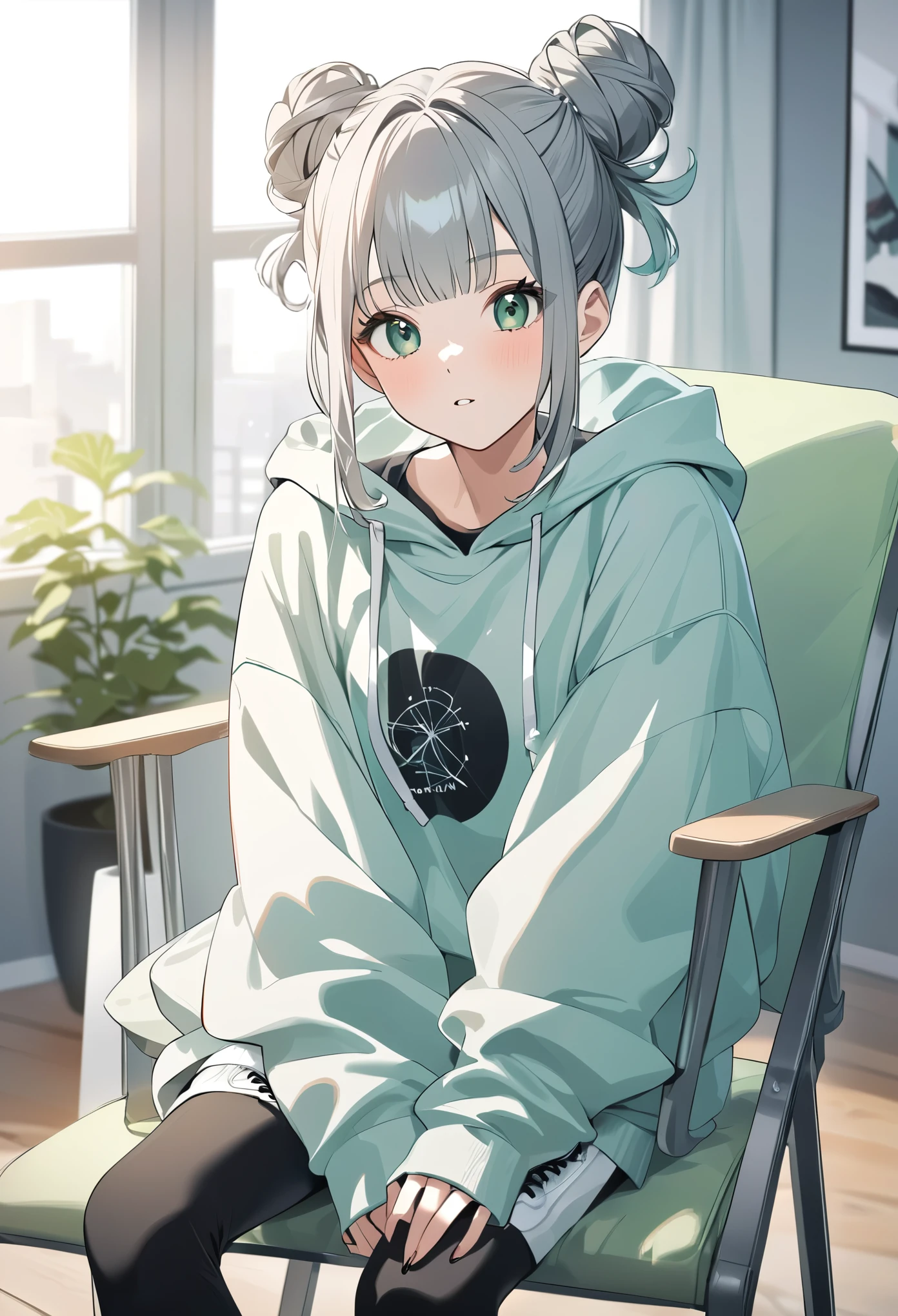 anime girl, pastel,theme color green, fashionable girl, oversized gray hoodie, black graphic t-shirt, high black socks with white stripes, chunky sneakers, sporty casual style, sitting on chair, relaxed pose, modern room background, youthful and trendy look, urban streetwear, cozy ambiance, high bun hairstyle, monochromatic color scheme, contemporary fashion, casual and cool vibe, indoor setting