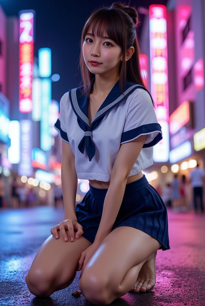 1girl,(((Frontal bust shot angle))),Wide open chest、(((A shopping street lit up by neon lights at night、City of night)))、(((Moonlight at night)))、8k UHD、Digital single-lens reflex camera、High resolution、Shallow depth of field、Natural light、(((Sailor suit)))、(((navy blue super mini skirt)))、(((Full body photography)) )、Small person、(((Young face)))、1 Japanese female、;beautiful girl、(Black Hair)、A strong wind blows up my skirt、(((Brown eyes)))、Glowing Skin、Smooth Thinning Hair、Long Hair、Detailed background、Detailed eyes and face、Clear Eyes、Cute smile、Calm atmosphere、(((stage)))、(((Small breasts)))、(((Beautiful Eyes)))、Flat chest、Children、(((ighs))) 、(((Angle from below) ))、(((Fine lips)))、(((Skirt fluttering)))、Shining beautiful legs、( Skirt fluttering violently in the strong wind :1.4),   (hair blowing in the strong wind:1.4), (leaning forward)、(((barefoot、barefoot)))