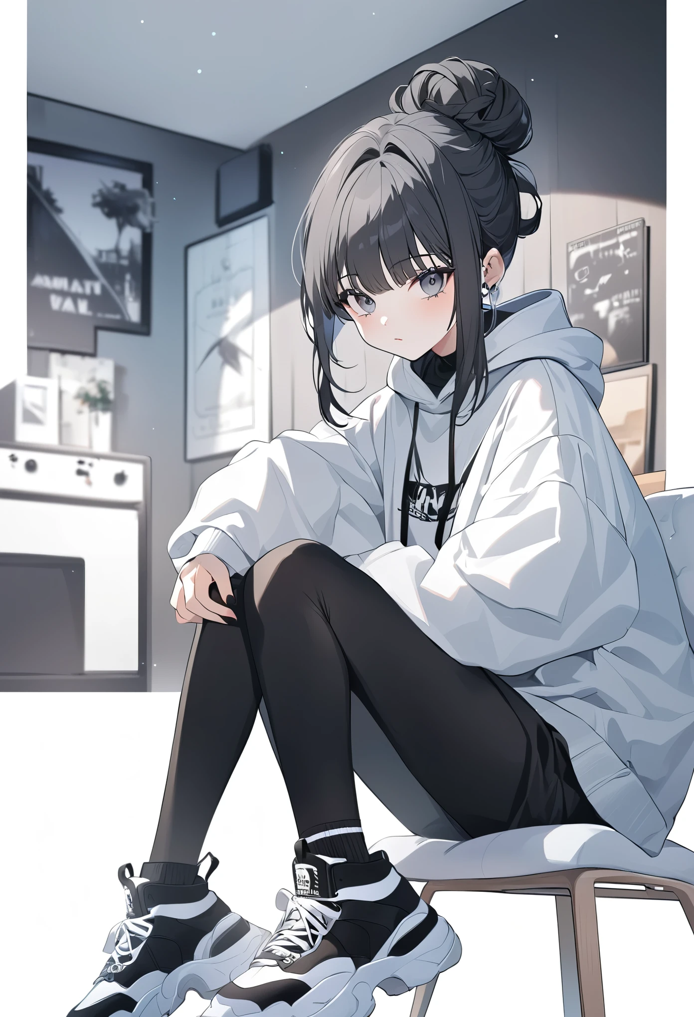 anime girl, pastel,dark gothic style, fashionable girl, oversized gray hoodie, black graphic t-shirt, high black socks with white stripes, chunky sneakers, sporty casual style, sitting on chair, relaxed pose, modern room background, youthful and trendy look, urban streetwear, cozy ambiance, high bun hairstyle, monochromatic color scheme, contemporary fashion, casual and cool vibe, indoor setting