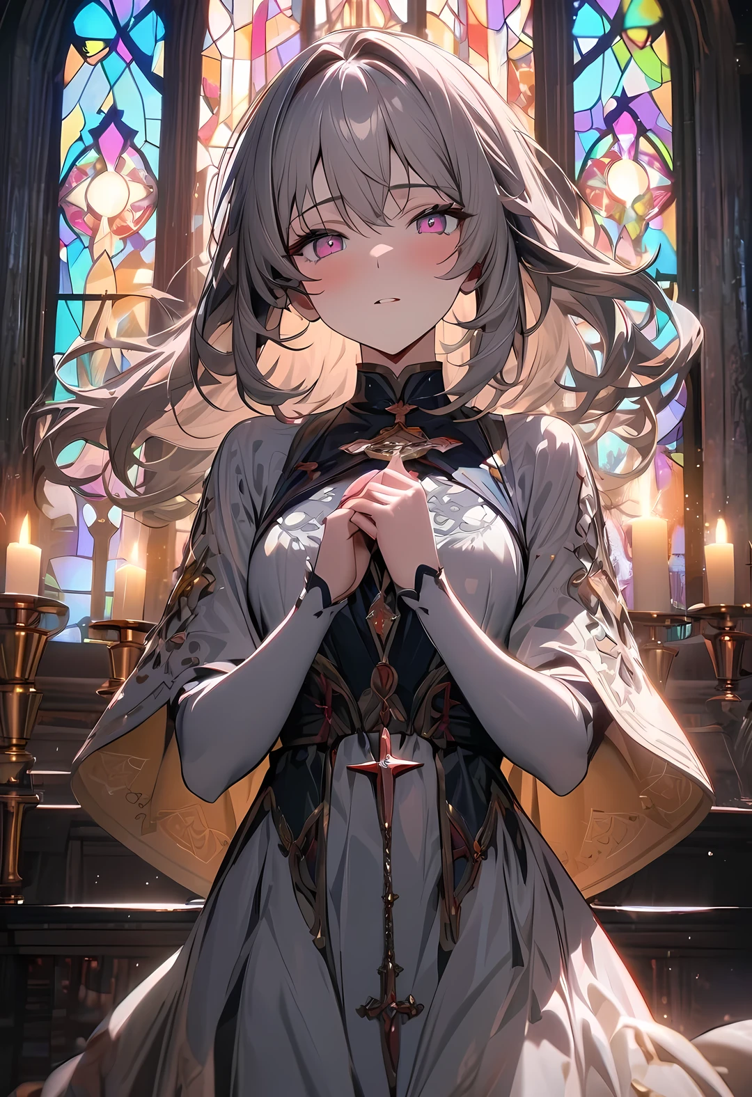 (((Best quality, 8k, Masterpiece: 1.3)), ((best quality)), ((masterpiece)), (detailed), perfect face, perfect body, (detailed skin:1.3), (intricate details), mbroidery that shimmers in the candlelight. She clasps a rosary in her hands, her expression one of deep reverence as she gazes upward, eyes filled with serene devotion. Soft light filters through tall stained glass windows depicting sacred symbols, casting colorful reflections across the church’s stone floor. The atmosphere is solemn and mystical, filled with a quiet sense of spirituality