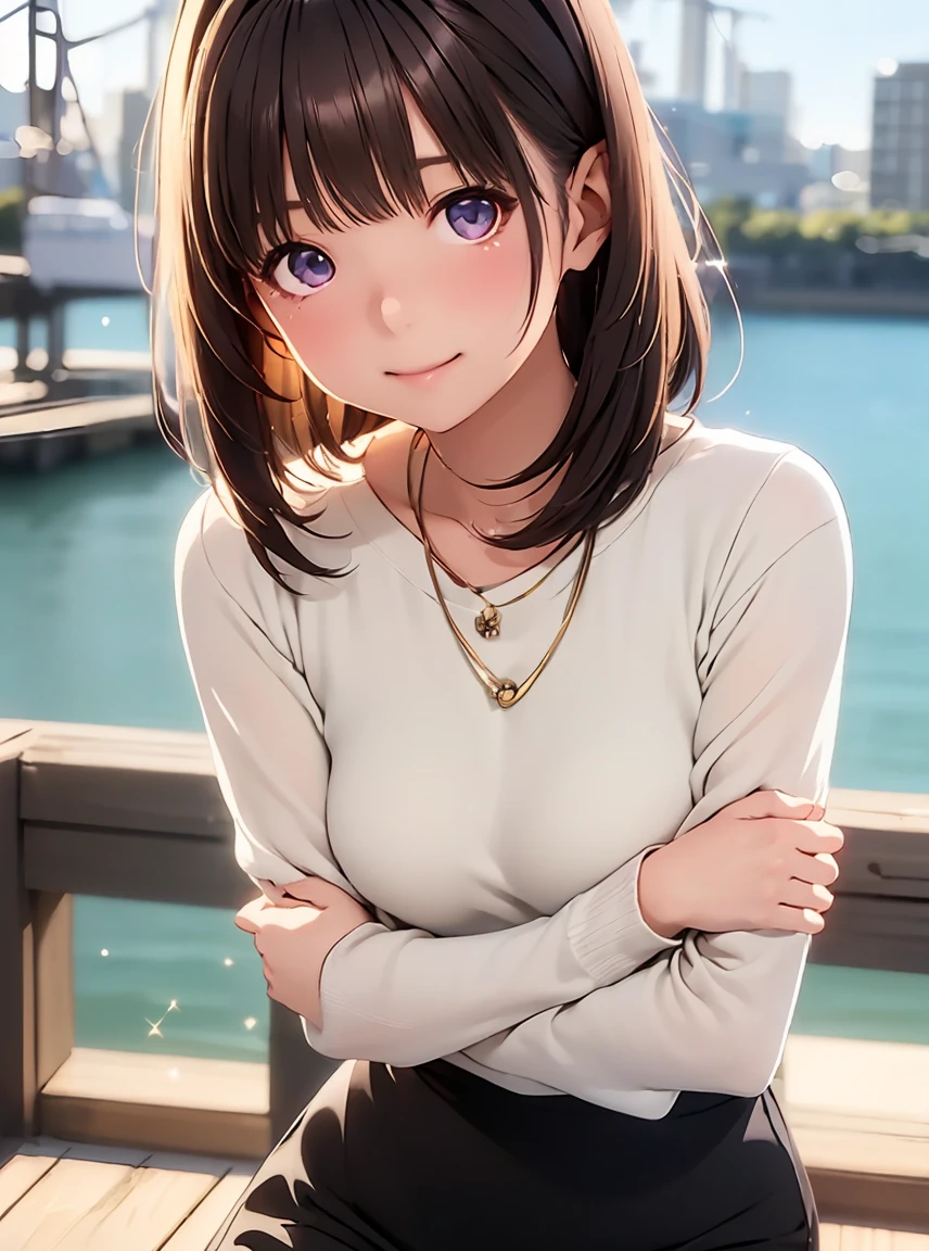   high resolution on down ,In 8K, best quality, Details,Semi-realistic anime, D Anime Style , Smooth Animated CG , one girl playing pranks, 19-year-old Japanese woman,slim,modeling,((Sparkling Eyes)),(( medium hair )),(Maroon Glowing Hair ), Pink Lips, Shiny brown hair, Detailsな顔,Beautiful and  Details,,((深い青紫色のSparkling Eyes)),(Shut your mouth.),(Laughter),((Black long sleevesロングカーディガン)),(((Black long sleeves))),(( light cream pencil skirt)),(Sit on the seawall in the harbor ),((Wharf)),((slimな身体)),( look at the camera),((Spread your arms down ))