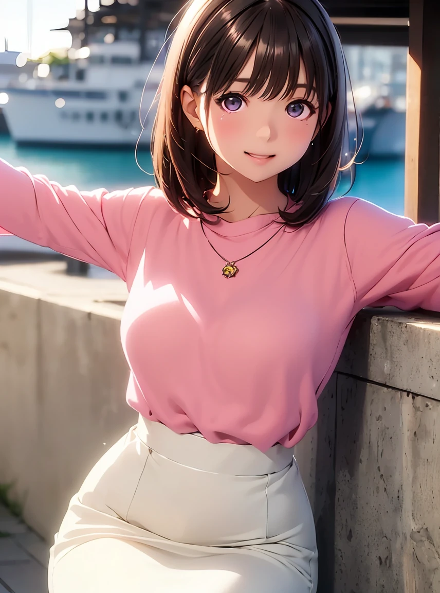   high resolution on down ,In 8K, best quality, Details,Semi-realistic anime, D Anime Style , Smooth Animated CG , one girl playing pranks, 19-year-old Japanese woman,slim,modeling,((Sparkling Eyes)),(( medium hair )),(Maroon Glowing Hair ), Pink Lips, Shiny brown hair, Detailsな顔,Beautiful and  Details,,((深い青紫色のSparkling Eyes)),(Shut your mouth.),(Laughter),((Black long sleevesロングカーディガン)),(((Black long sleeves))),(( light cream pencil skirt)),(Sit on the seawall in the harbor ),((Wharf)),((slimな身体)),( look at the camera),((Spread your arms down ))